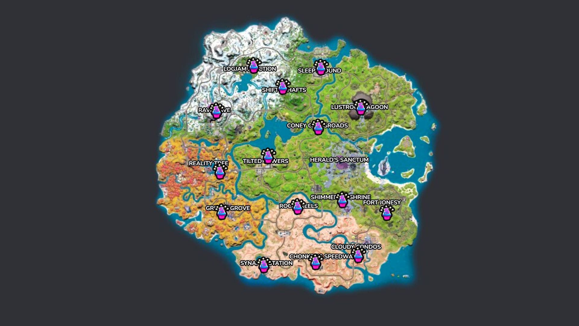 Fortnite birthday cake can be found in almost every named location on the island (Image via fortnite.gg)