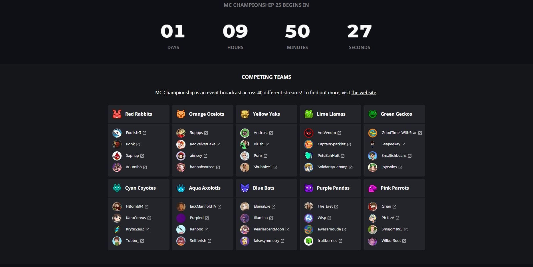 The MCC.live website for Minecraft Championship 25 (Image via Noxcrew)