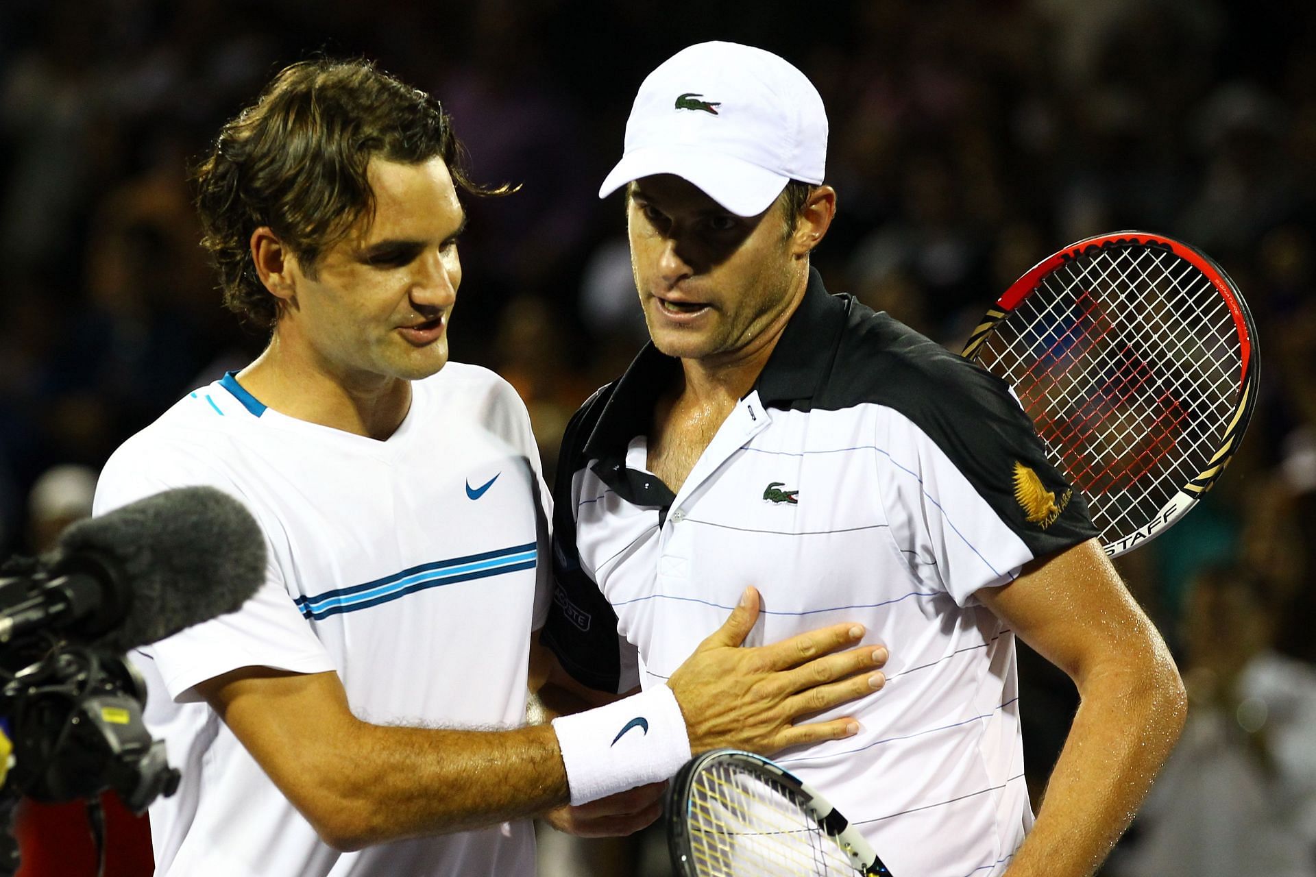 Roger Federer and Andy Roddick pictured at the 2012 Sony Ericsson Open in Key Biscayne, Florida.