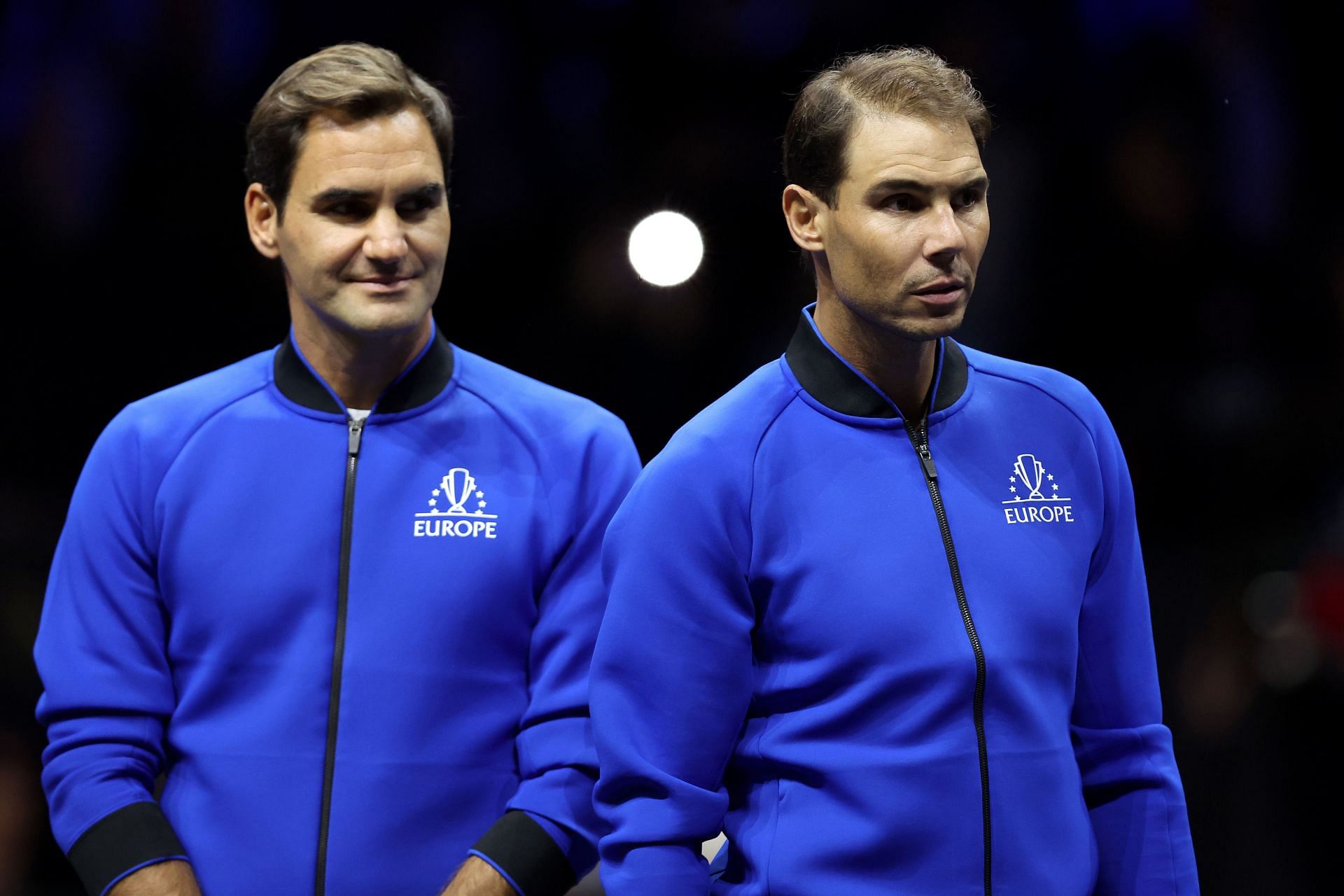 Roger Federer with Rafael Nadal. Photo by Julian Finney/Getty Images for Laver Cup