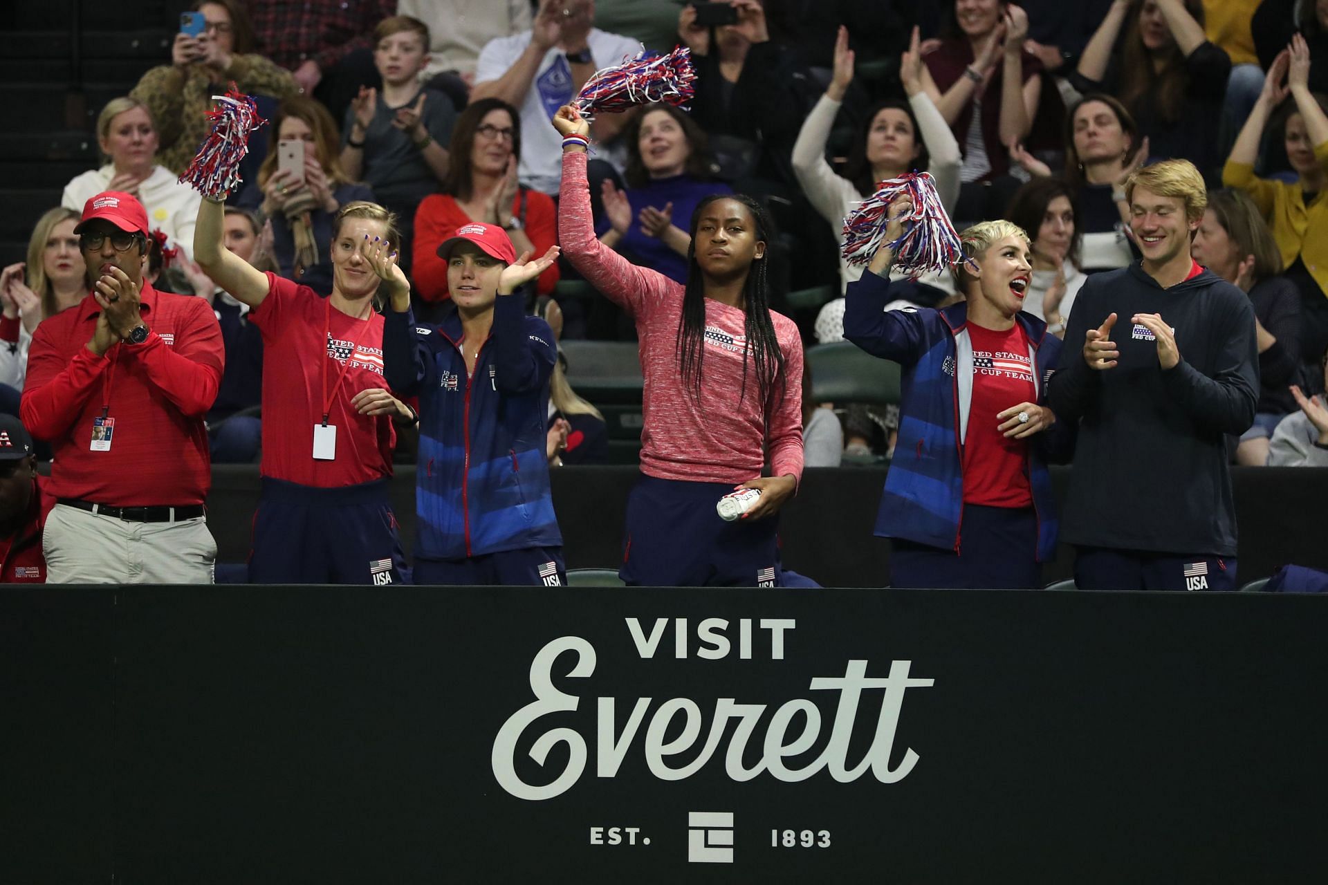 Coco Gauff (fourth from left) cheers on her idol Serena Williams (not in photo) during the 2020 Fed Cup.
