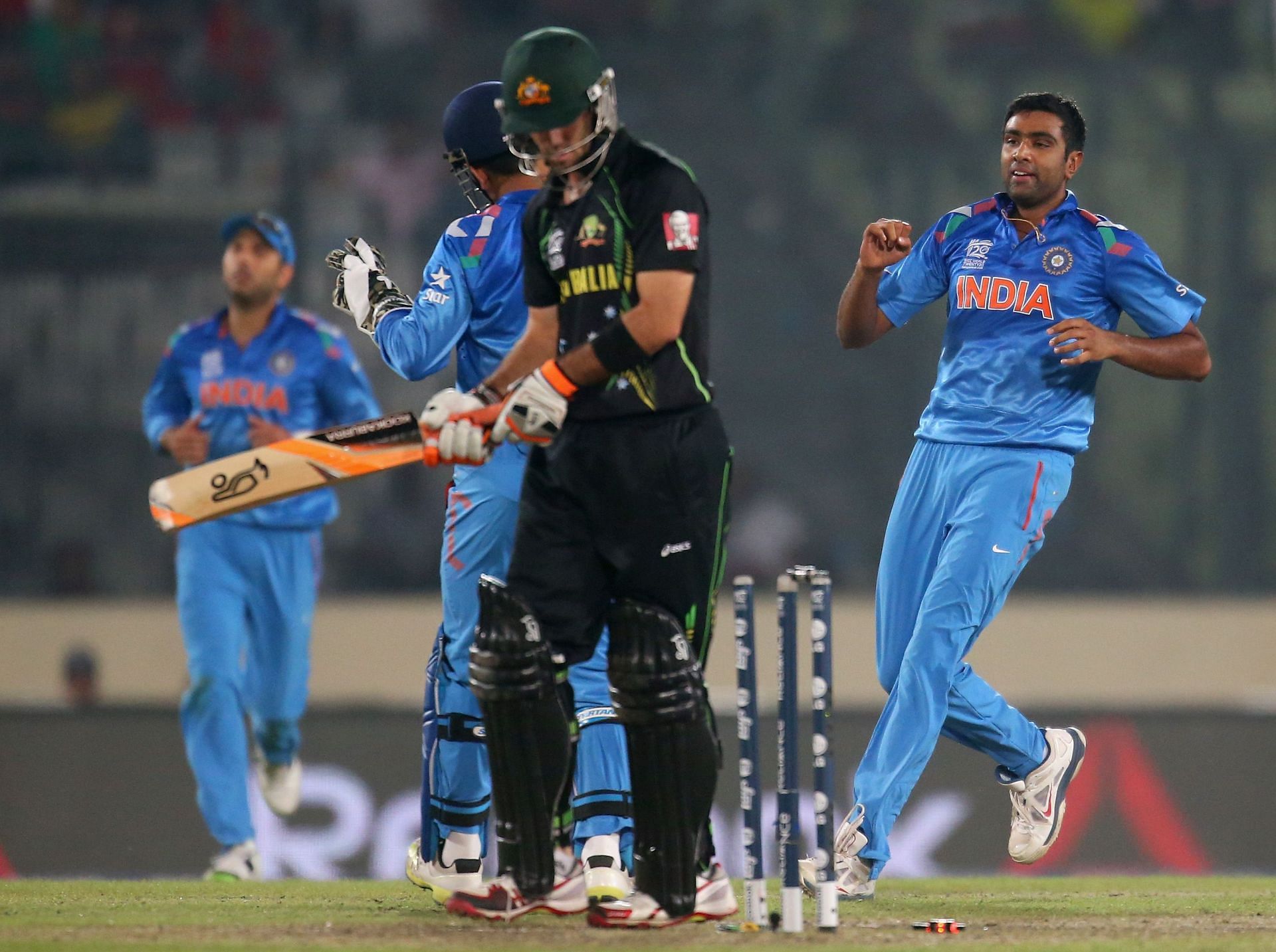 Ravichandran Ashwin reacts after dismissing Glenn Maxwell in the 2014 T20 World Cup group clash. Image: Getty Images