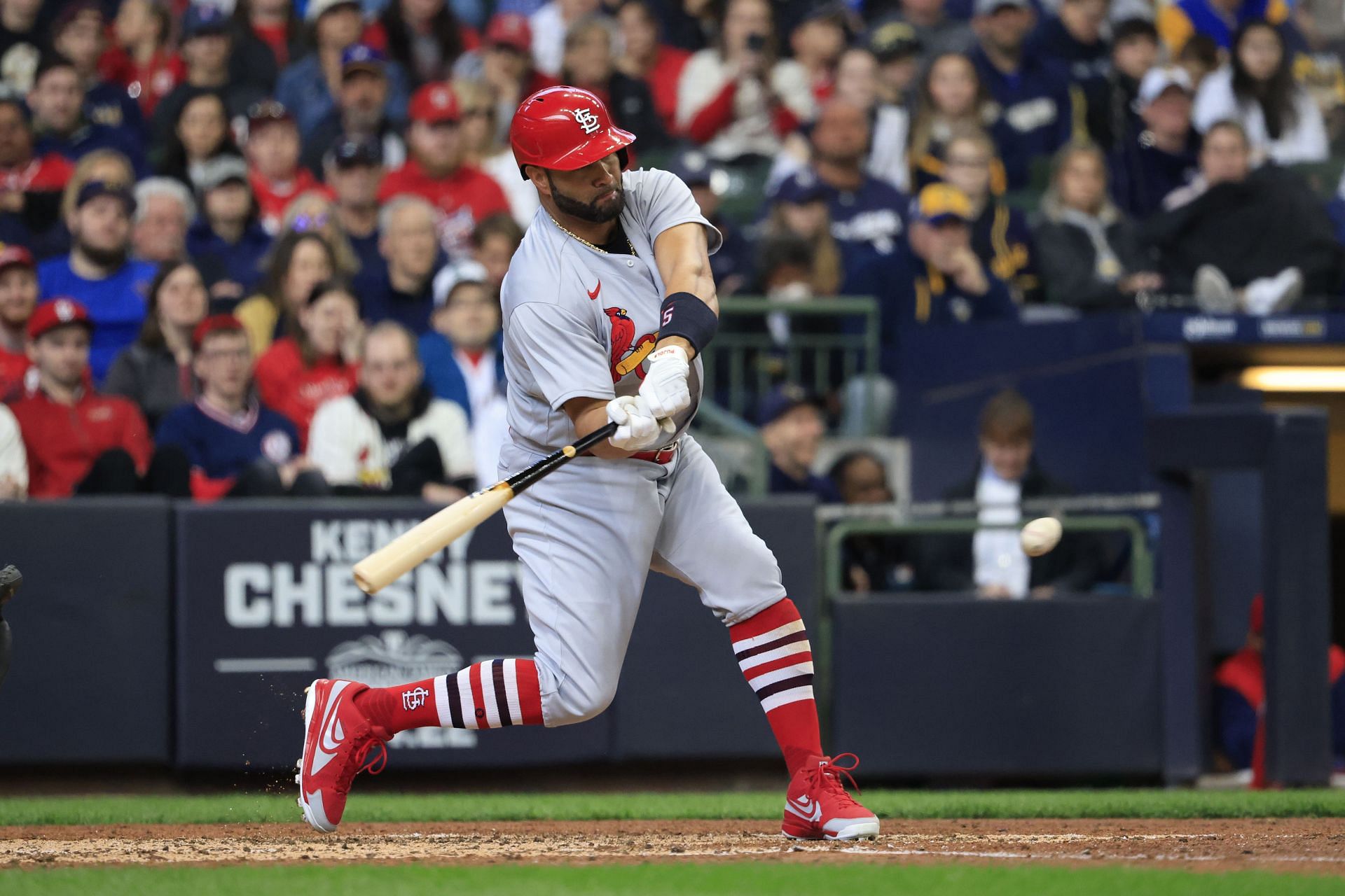 Albert Pujols of the St. Louis Cardinals bats against the Milwaukee Brewers at American Family Field.