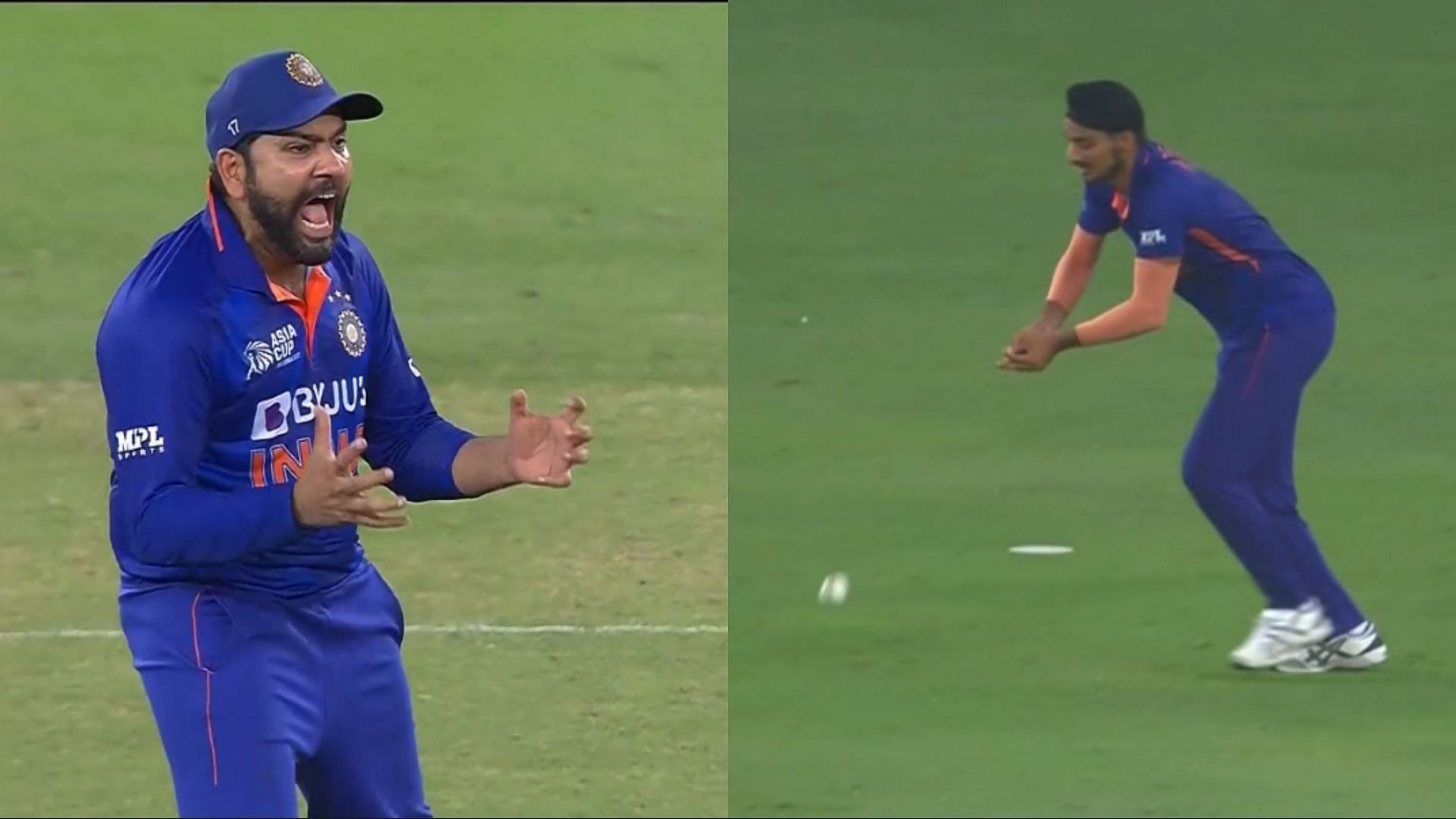 Rohit Sharma reacts after Arshdeep Singh drops a catch during the Asia Cup.