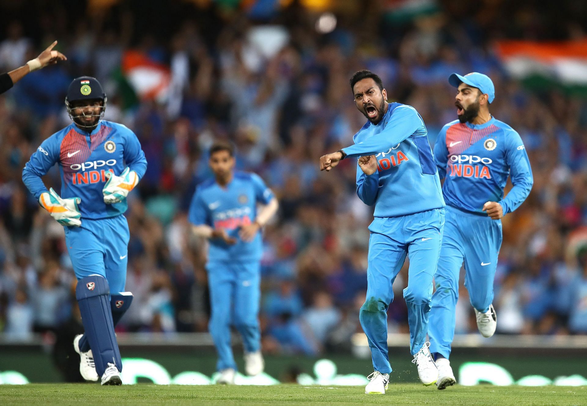 Indian team left arm spinner Krunal Pandya celebrates after taking the wicket from Ben McDermott in the 2018 Sydney T20I. Image: Getty Images