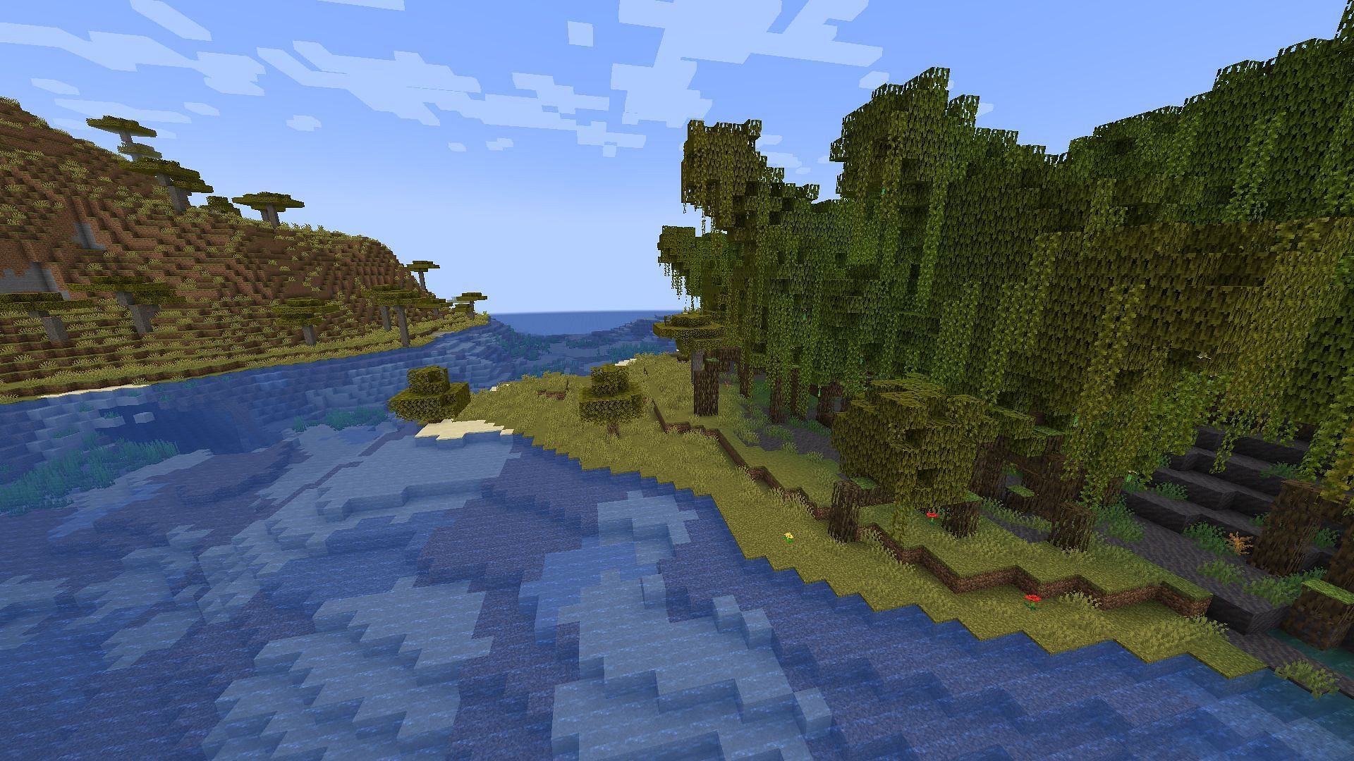 Small mangrove swamp area near the Savanna biome and mountain in Minecraft (Image via Mojang)