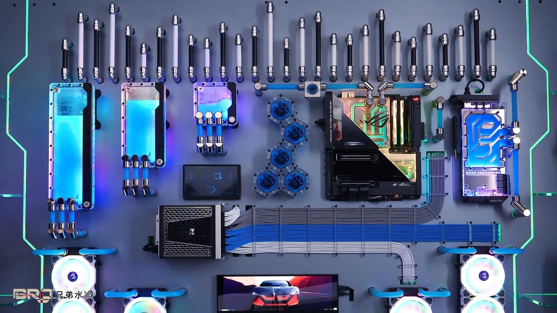 Custom gaming PC openly attached to the wall (Image via YouTube/Bro Cooling)