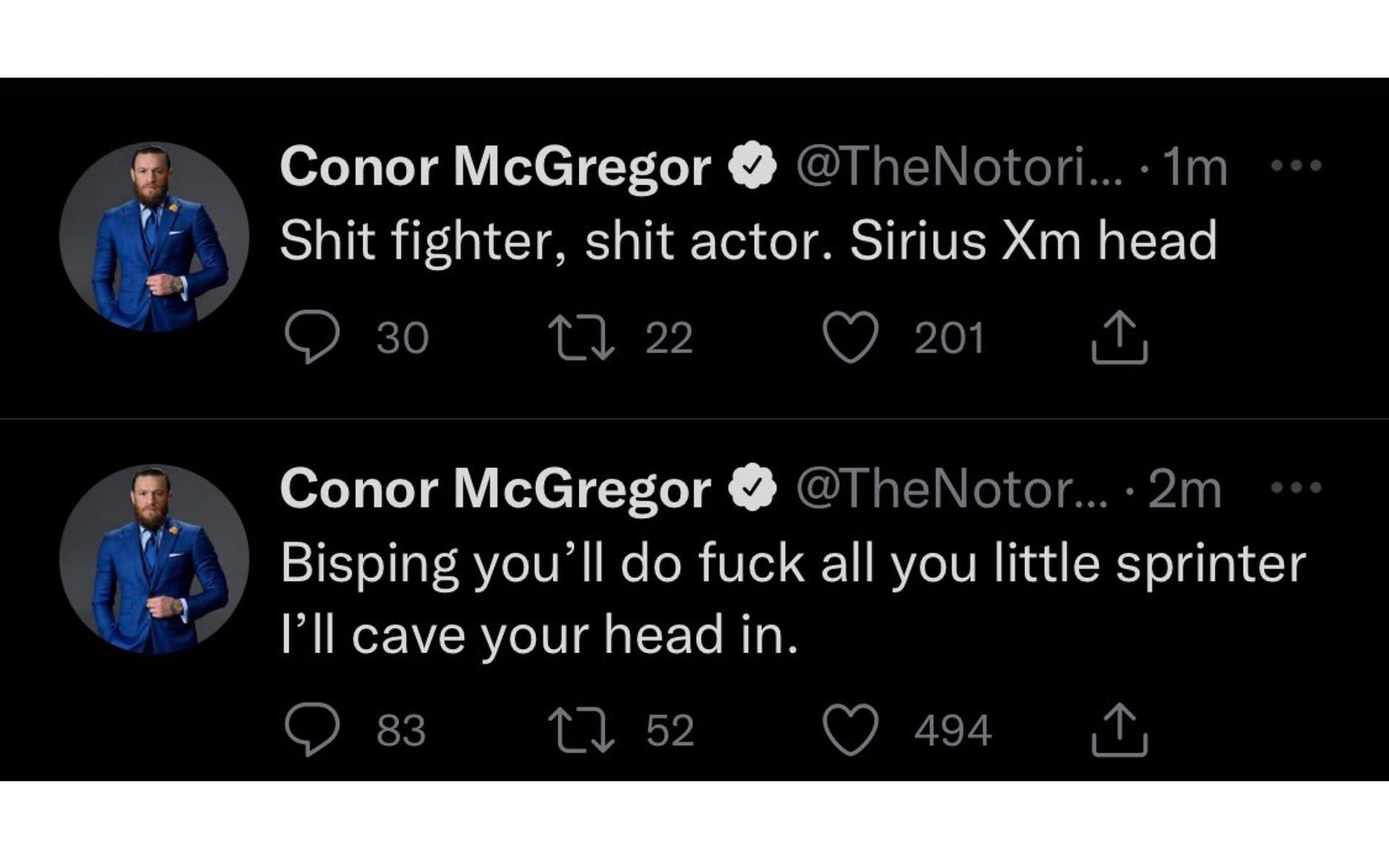 Conor McGregor&#039;s deleted tweets responding to Michael Bisping.