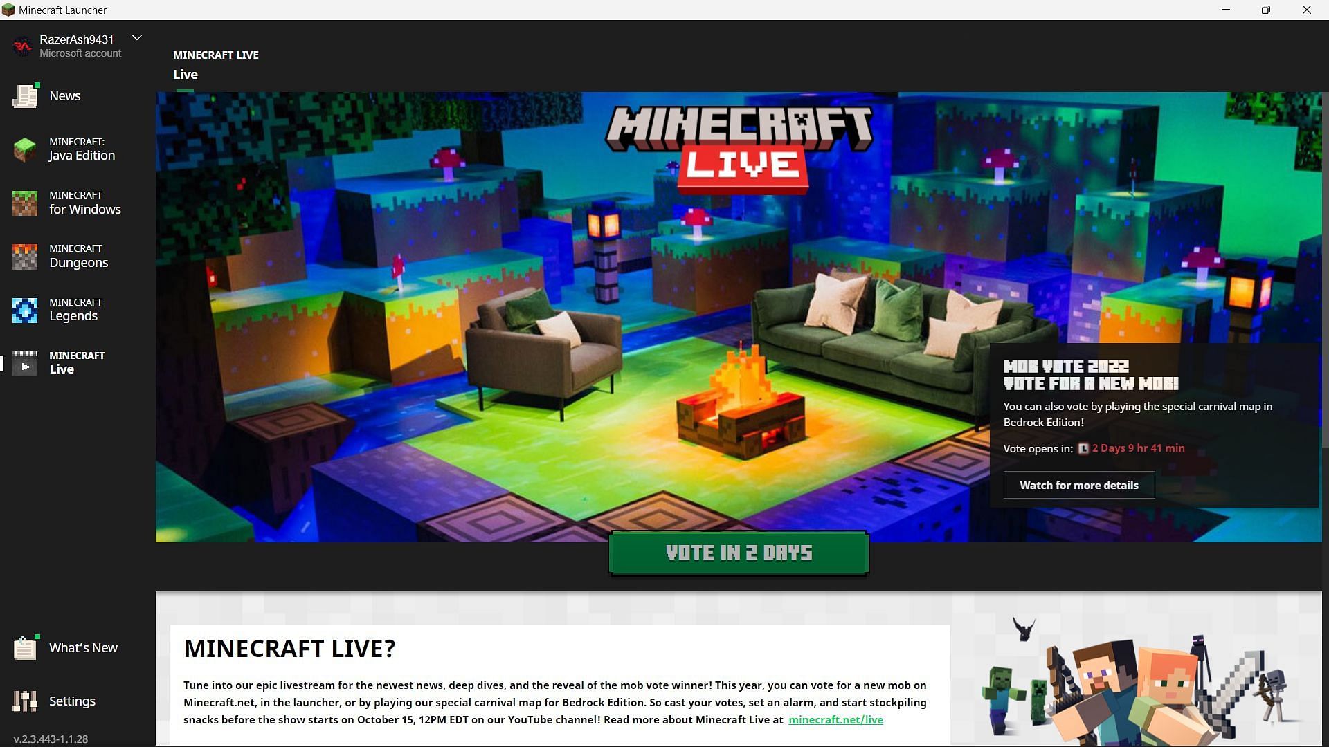 Новая вкладка Minecraft Live в официальном лаунчере, где игроки также могут голосовать (изображение взято через Sportskeeda)
