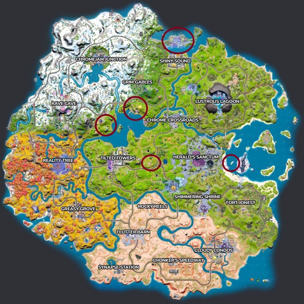 Campfire locations in Fortnite Chapter 3 Season 4 (Image via Fortnite.GG)