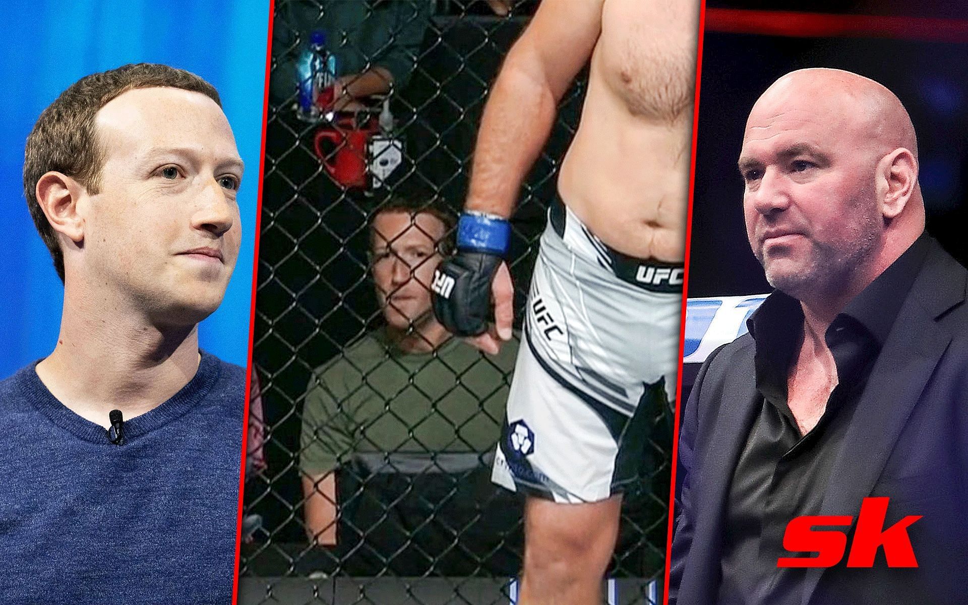 Mark Zuckerberg  (Left), Mark Zuckerberg at UFC Vegas 61 (Middle), Dana White (Right) [Image courtesy: wired.com, Getty, @PhotoAmy33 on Twitter]
