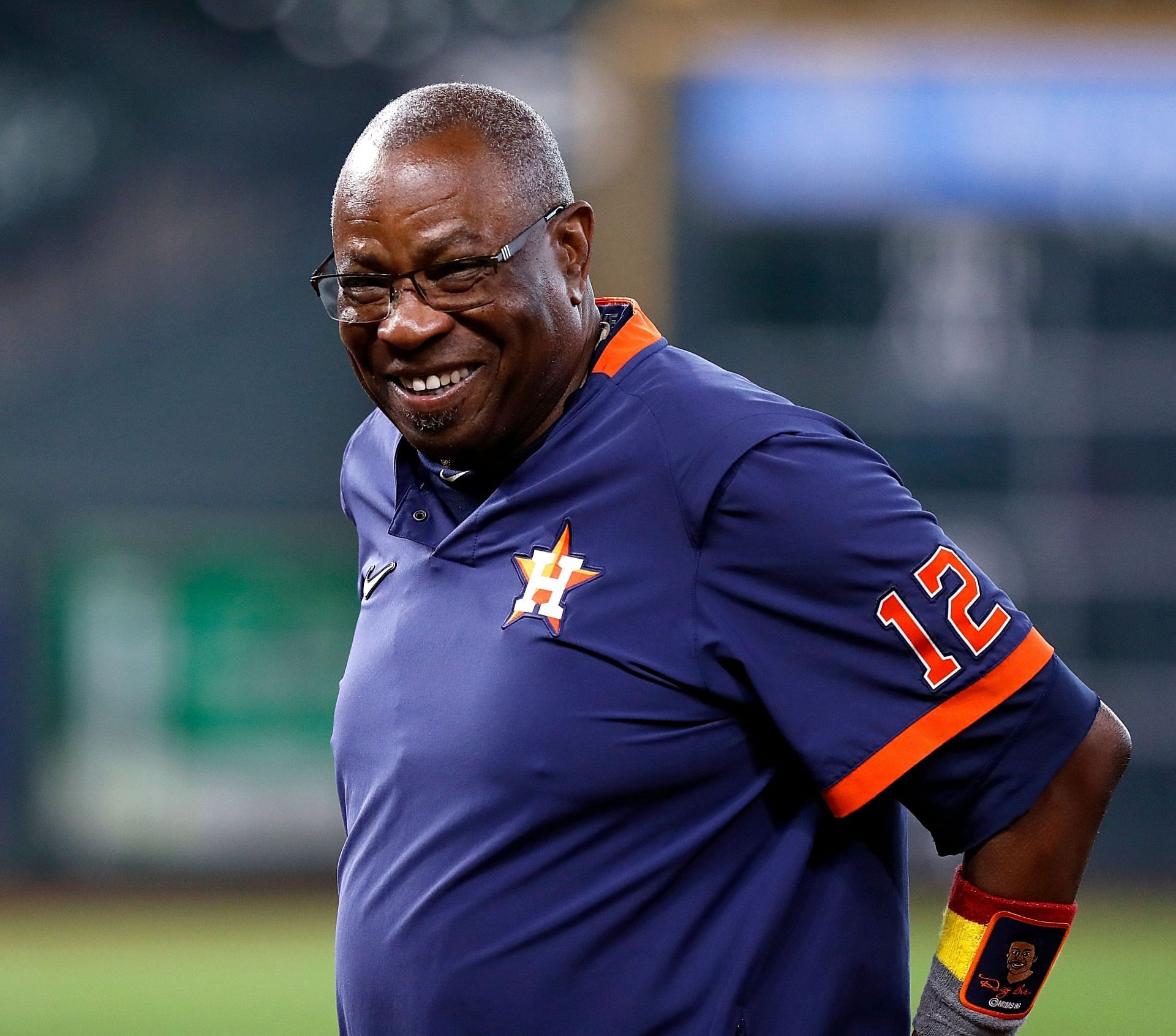 Manager Dusty Baker Jr.  #12 of the Houston Astros before a game against the Oakland Athletics at Minute Maid Park on October 01, 2021 in Houston, Texas.