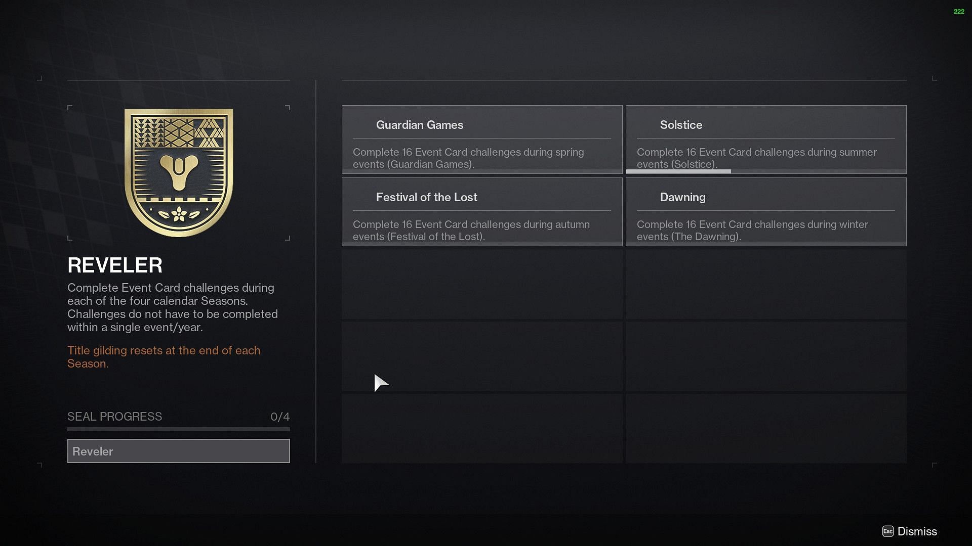 Reveler seal requirements in-game (Image via Destiny 2)