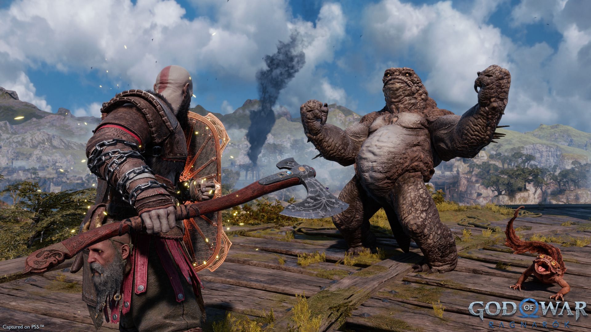 This particular fiend spits up more foes to fight throughout the battle in God of War Ragnarok (Image via Santa Monica Studio)