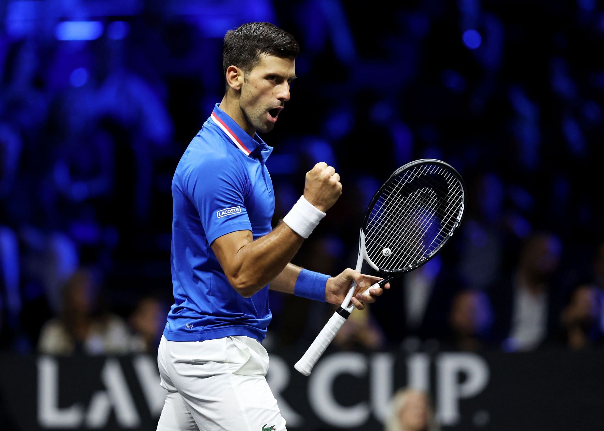 Novak Djokovic of Team Europe celebrates a point during the singles match between Felix Auger-Aliassime at the Laver Cup 2022 - Day Three