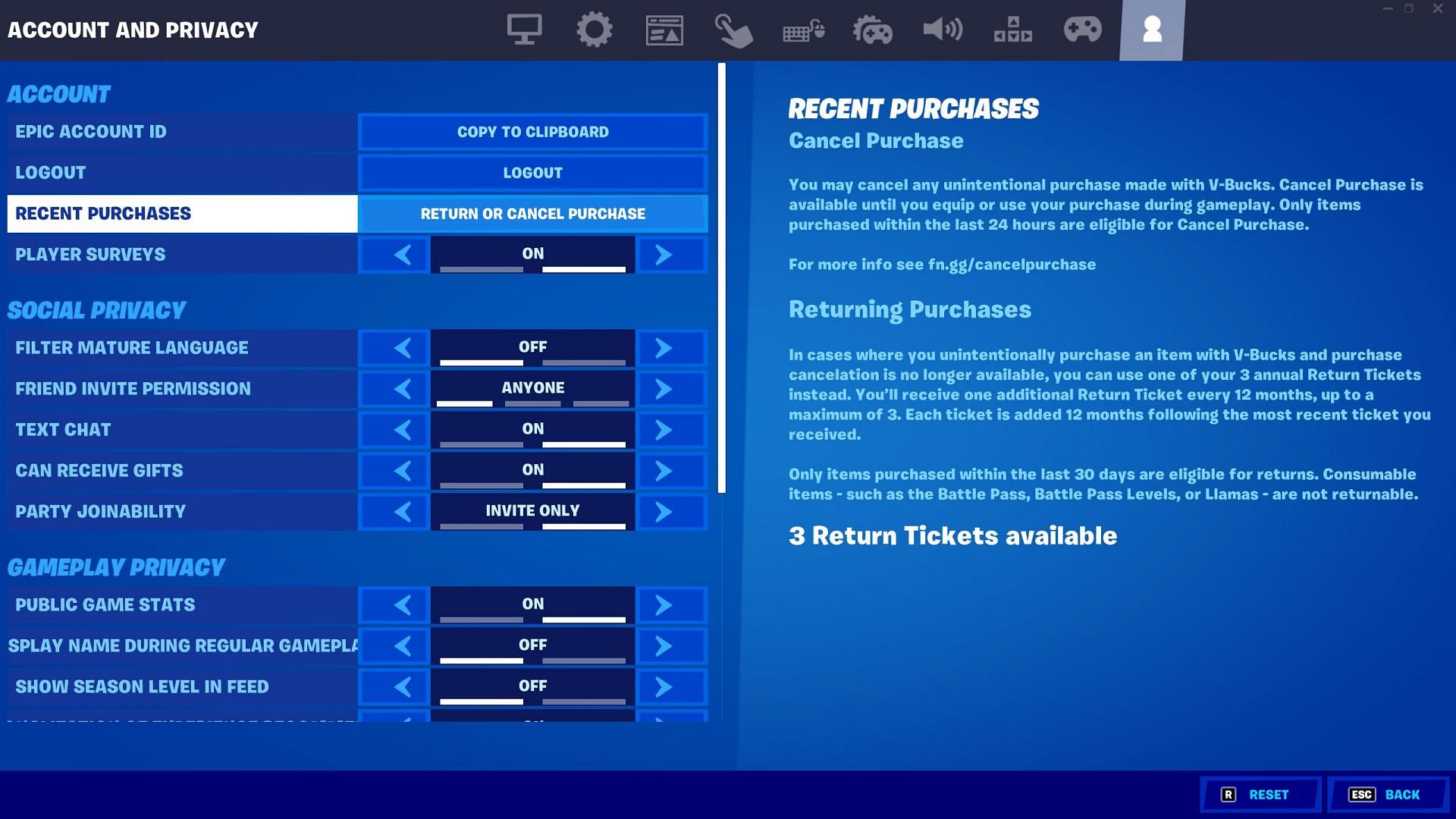 Um Rückerstattungstickets In Fortnite Zu Finden, Öffnen Sie Die Letzte Registerkarte In Den Einstellungen (Bild Über Epic Games)