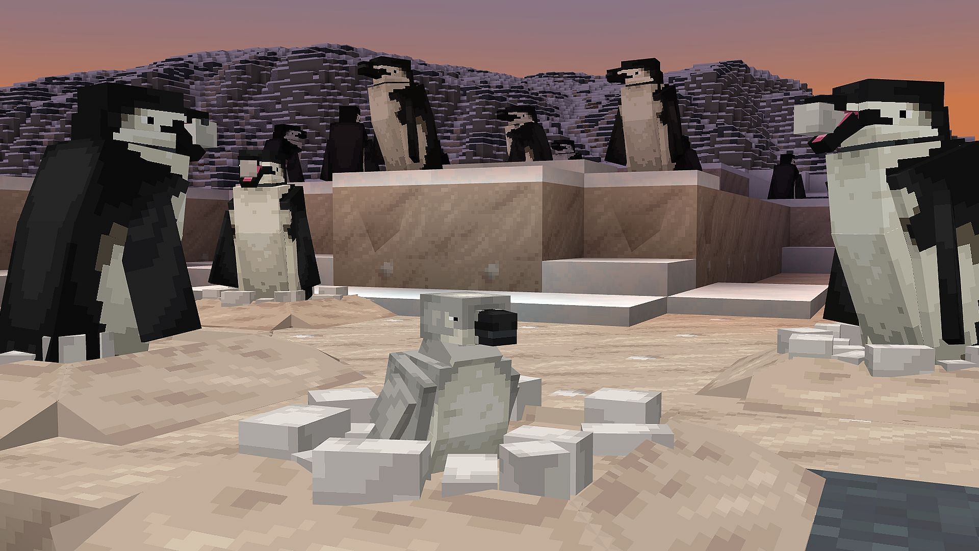 A family of penguins in Minecraft&#039;s Frozen Planet II worlds (Image via Mojang)