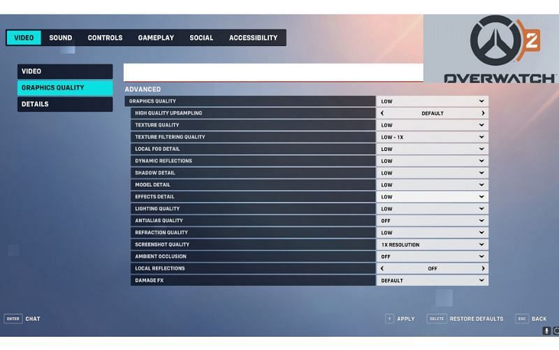 Low Graphics Settings for Overwatch 2 (Image via Blizzard Entertainment)