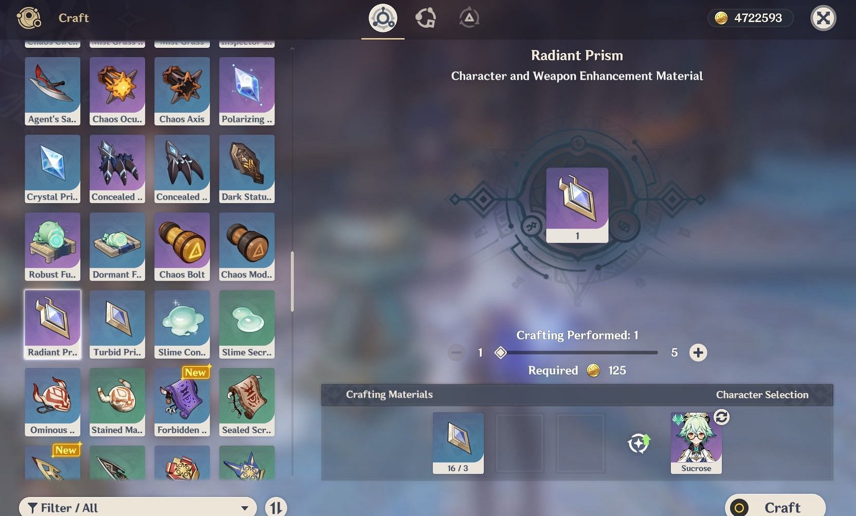 Crafting the higher-leveled stuff can be necessary if you need more of these Prisms (Image via HoYoverse)