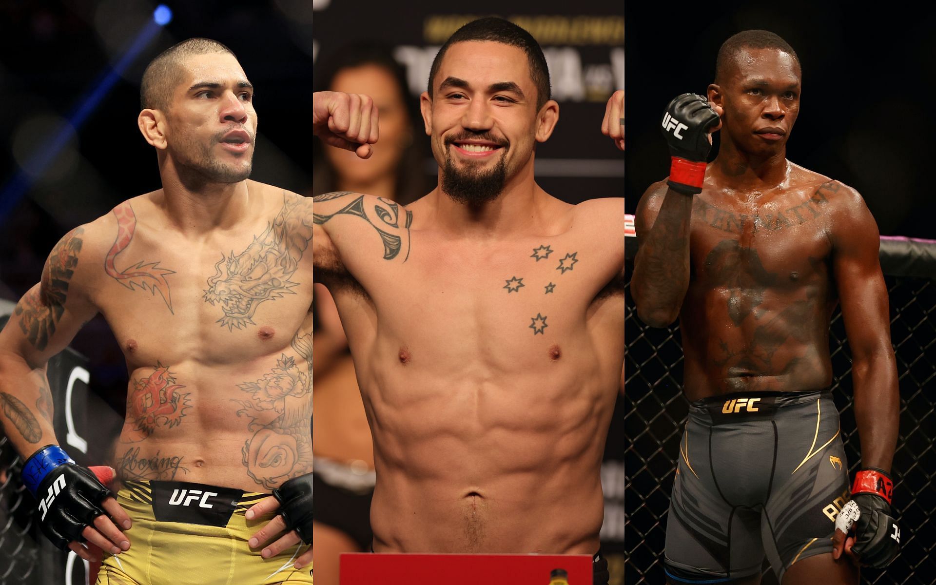 Alex Pereira (left), Robert Whittaker (centre) and Israel Adesanya (right) [ Image Courtesy: Getty Images]