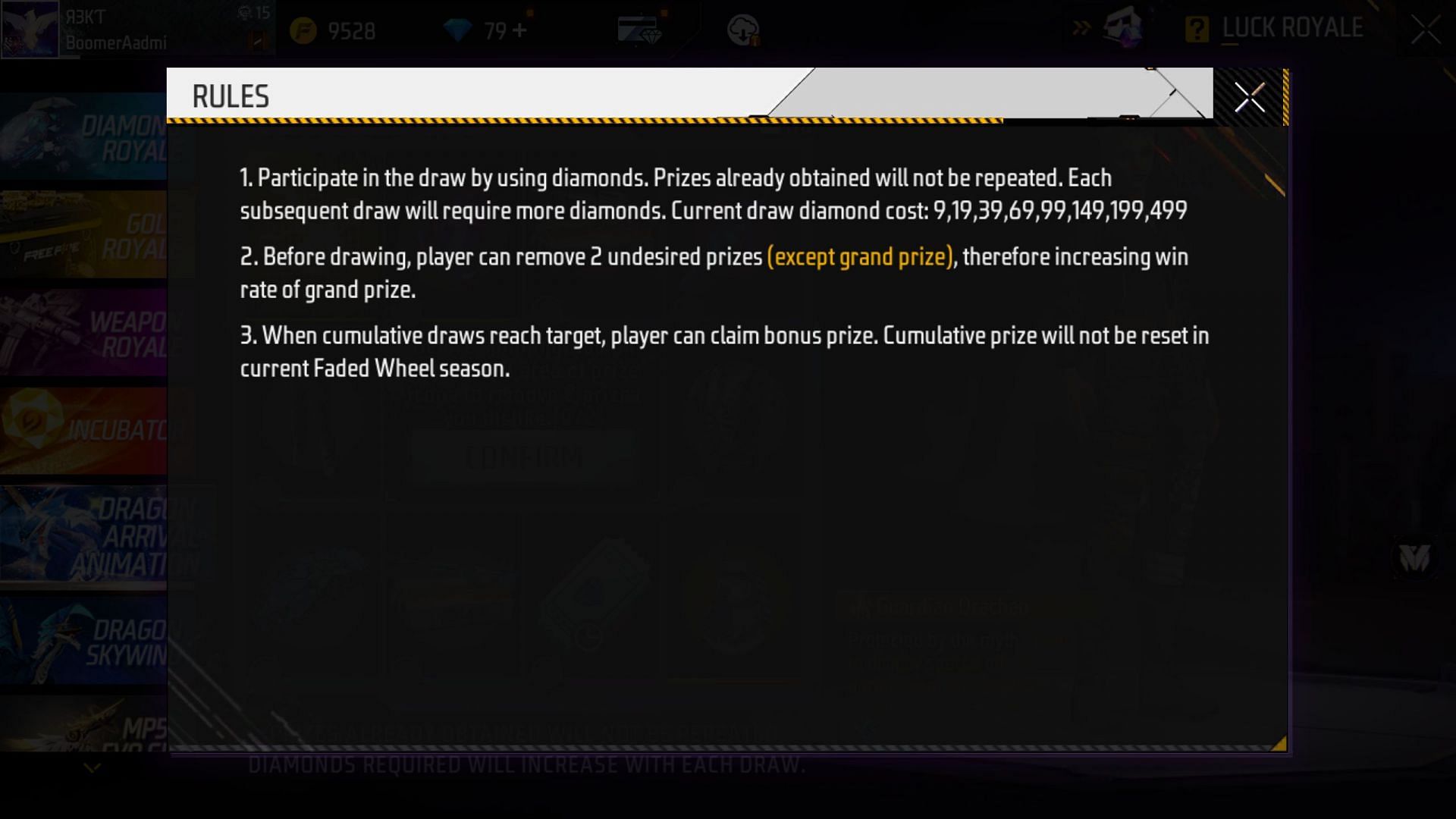 The rules for the Faded Wheel (Image via Garena)