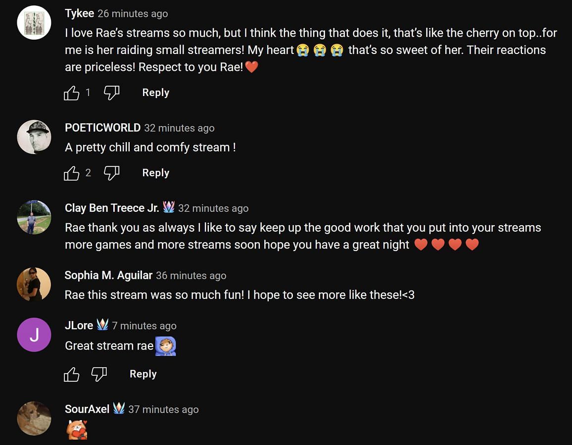 Fans in the YouTube comments section sharing wholesome comments for the November 3 broadcast (Image via Valkyrae/YouTube)