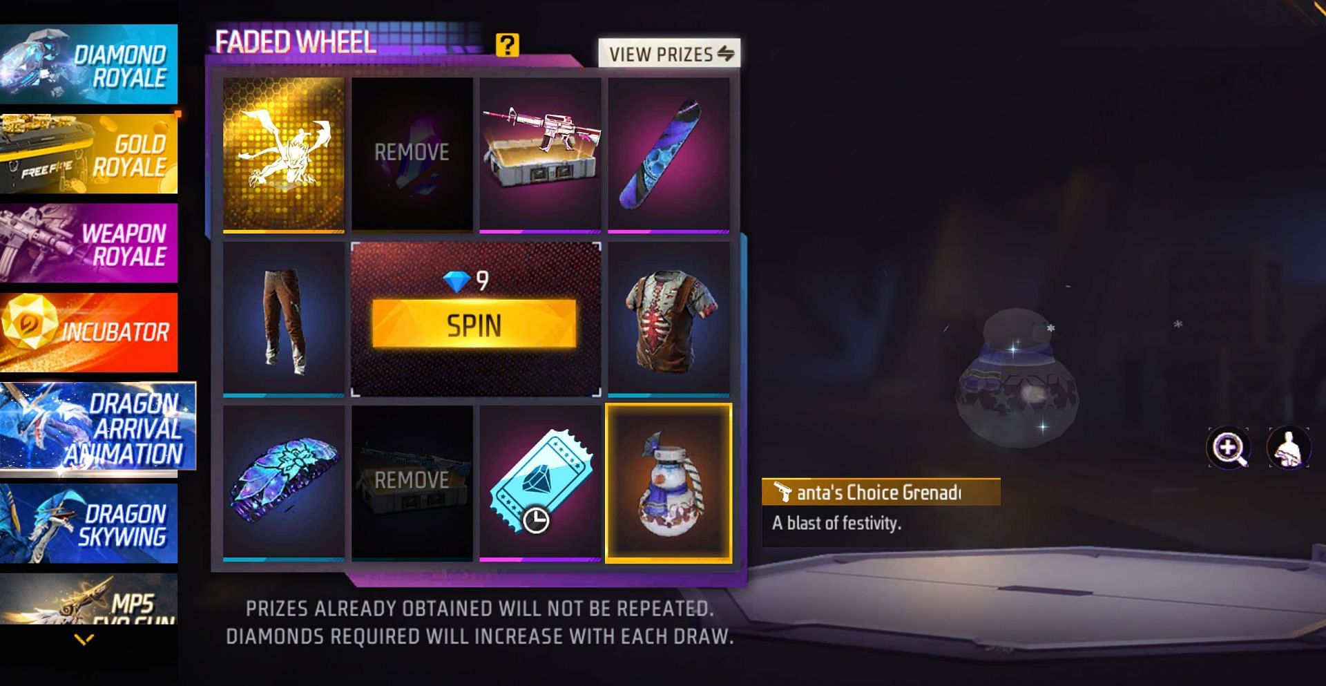 Spend the diamonds on the spins to receive the items (Image via Garena)