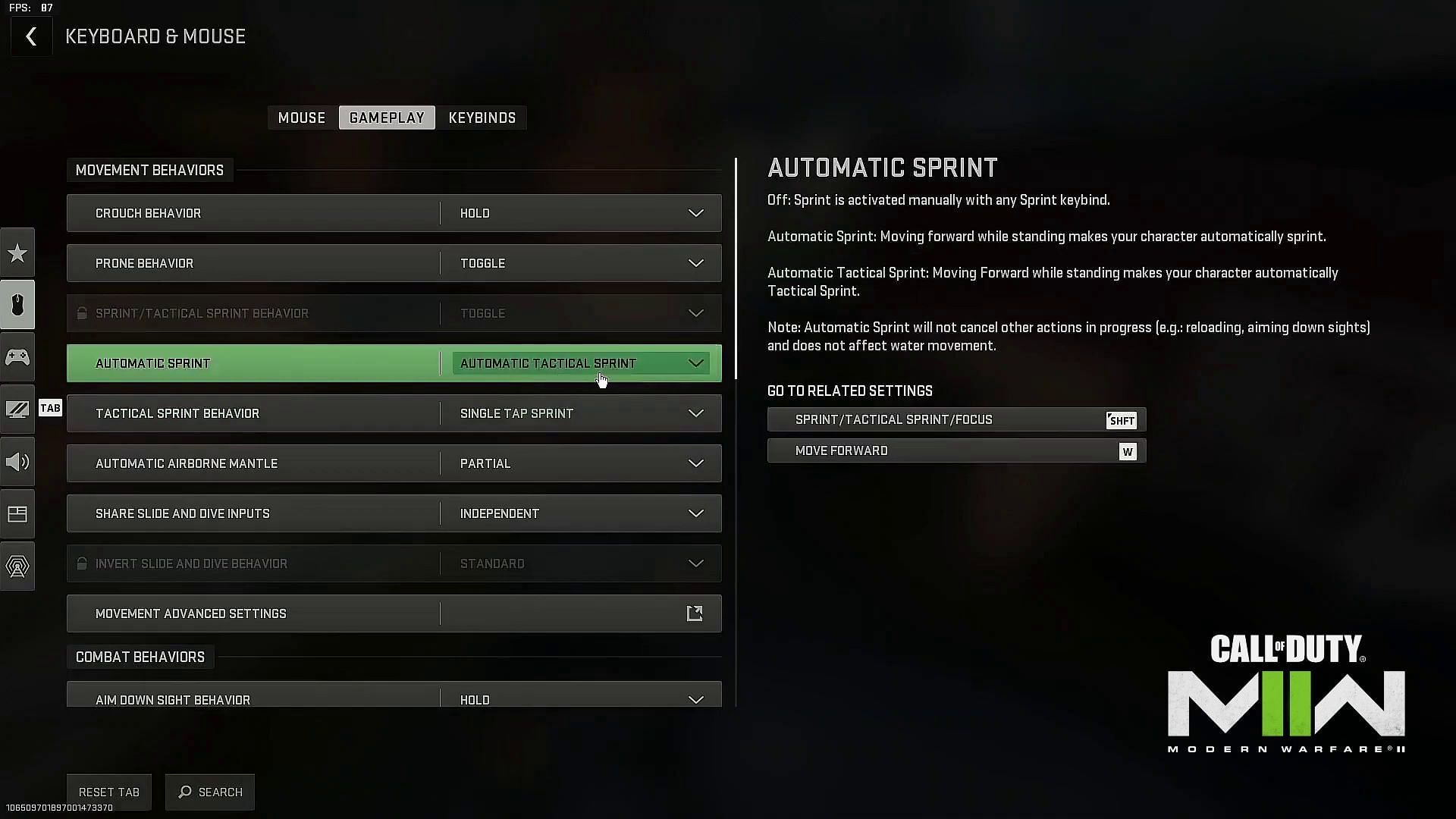 Change your Automatic Sprint settings (Image via Activision)