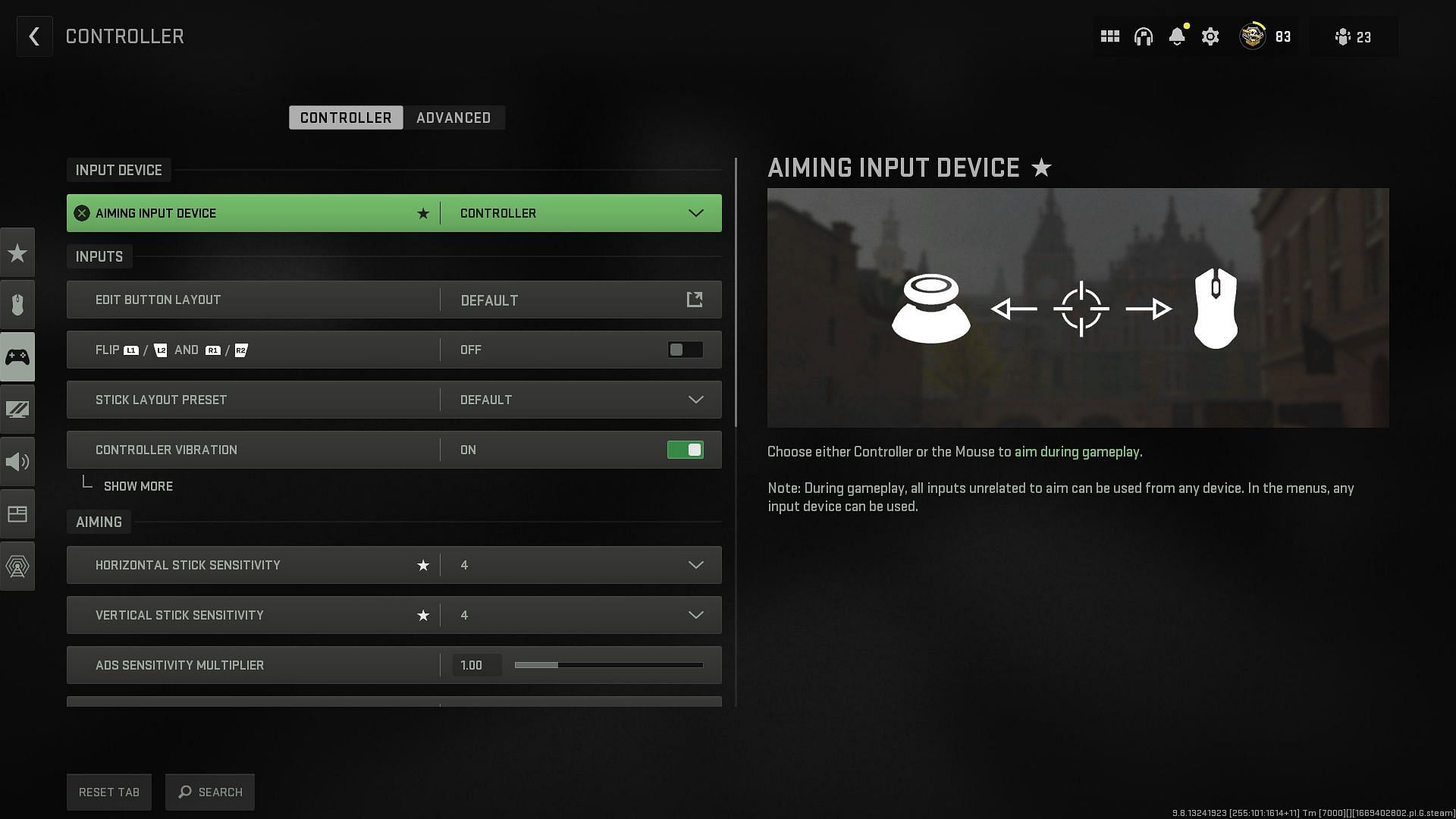 Selecting input device as a controller (Image via Activision)