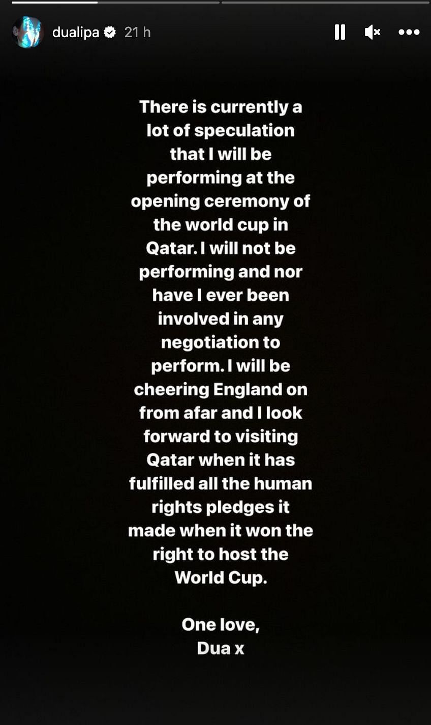 Pernyataan Dua Lipa mengenai desas-desus dirinya akan tampil di acara pembukaan Piala Dunia 2022 di Qatar.