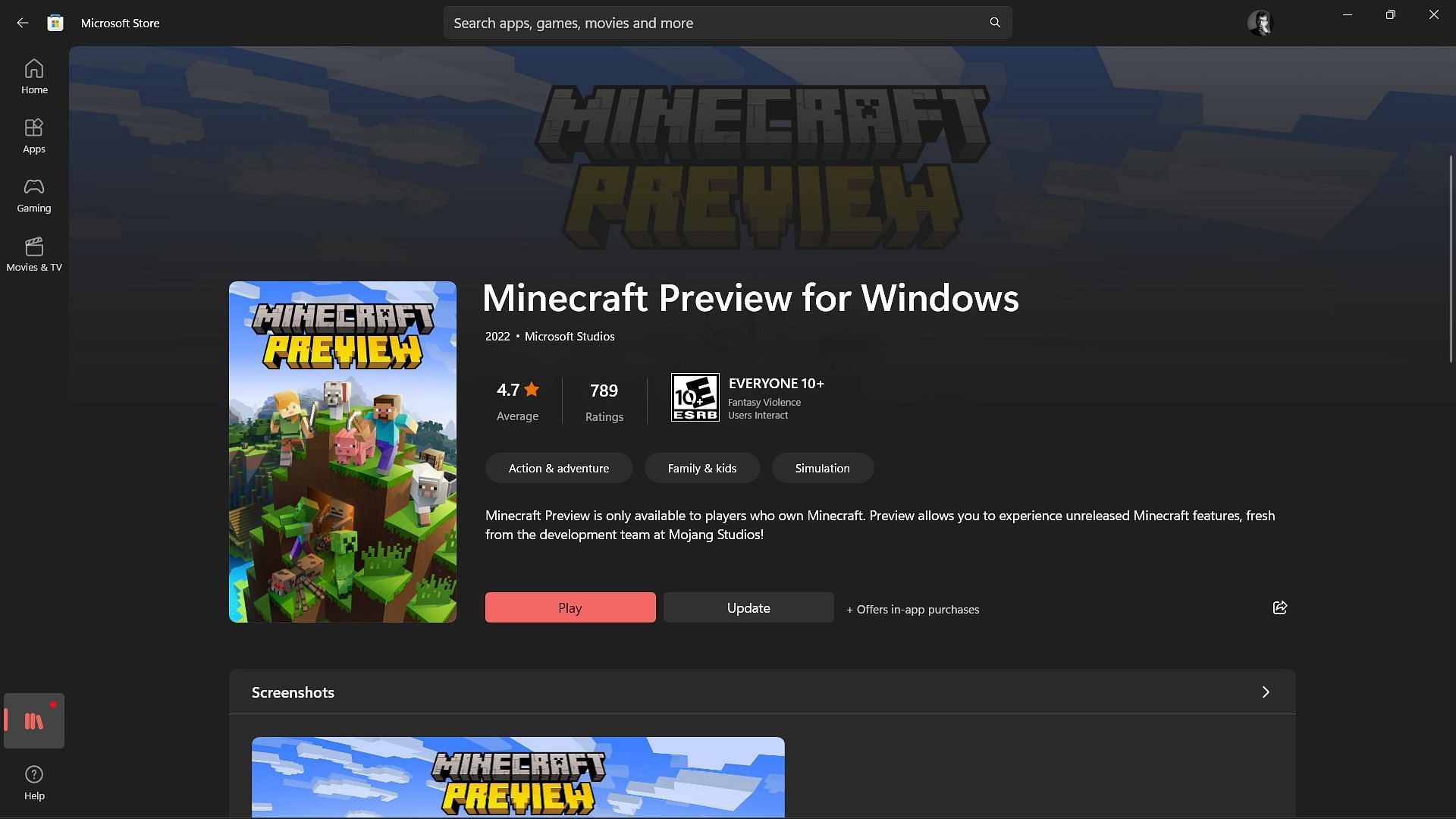 Search for Bedrock Edition Preview in the Microsoft Store and hit install or update (Image via Sportskeeda)