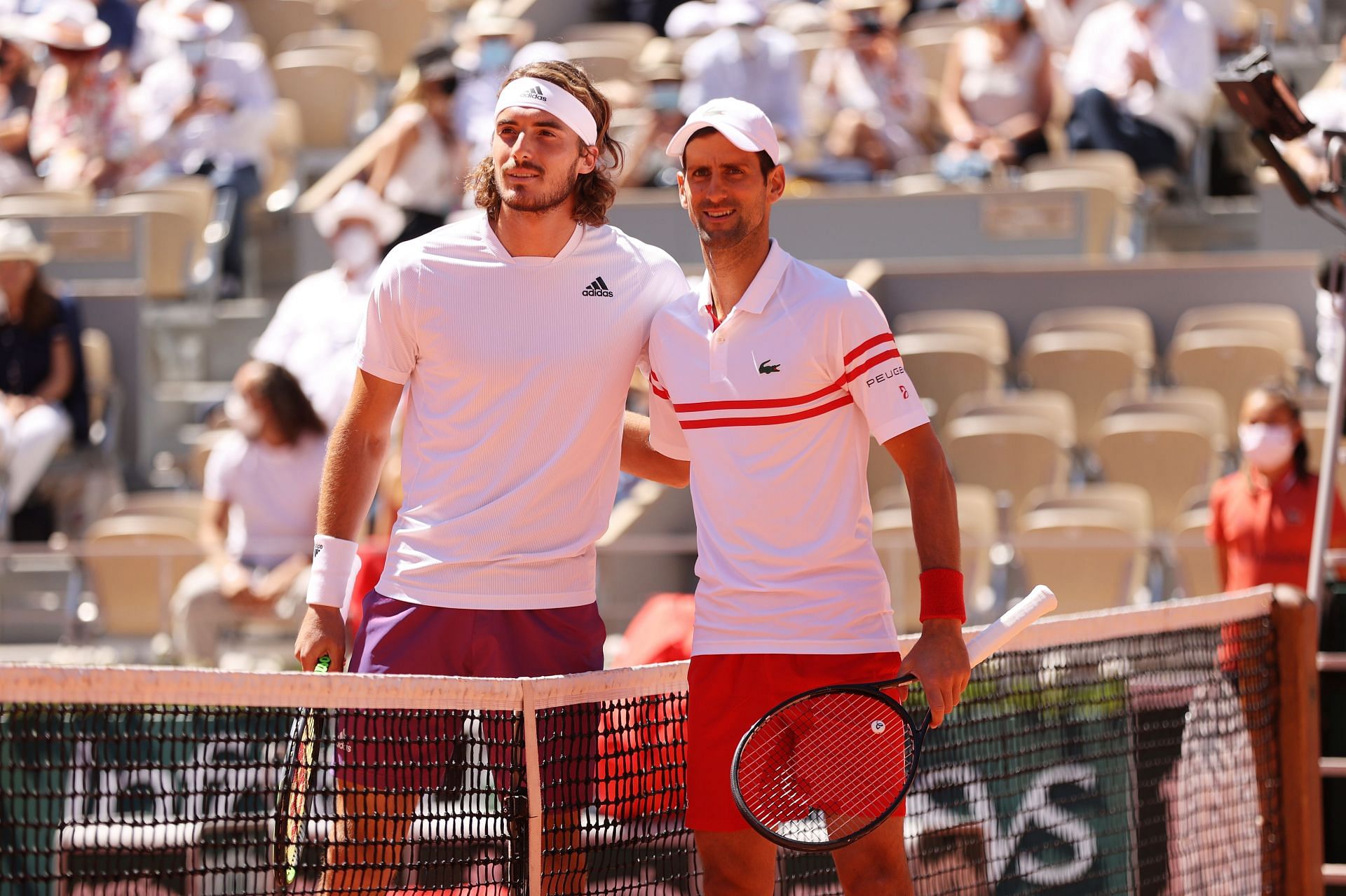 Stefanos Tsitsipas and Novak Djokovic at the 2021 French Open
