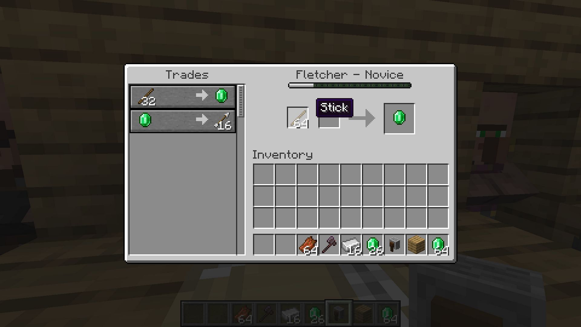 Sticks are extremely easy to craft and trade with Fletchers in Minecraft (Image via Mojang)