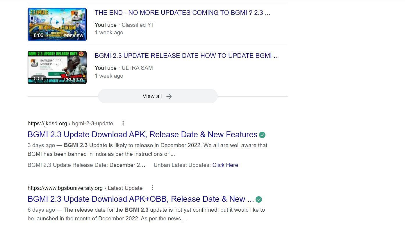 Fake APK download links for Battlegrounds Mobile India&#039; 2.3 update (Image via Google)