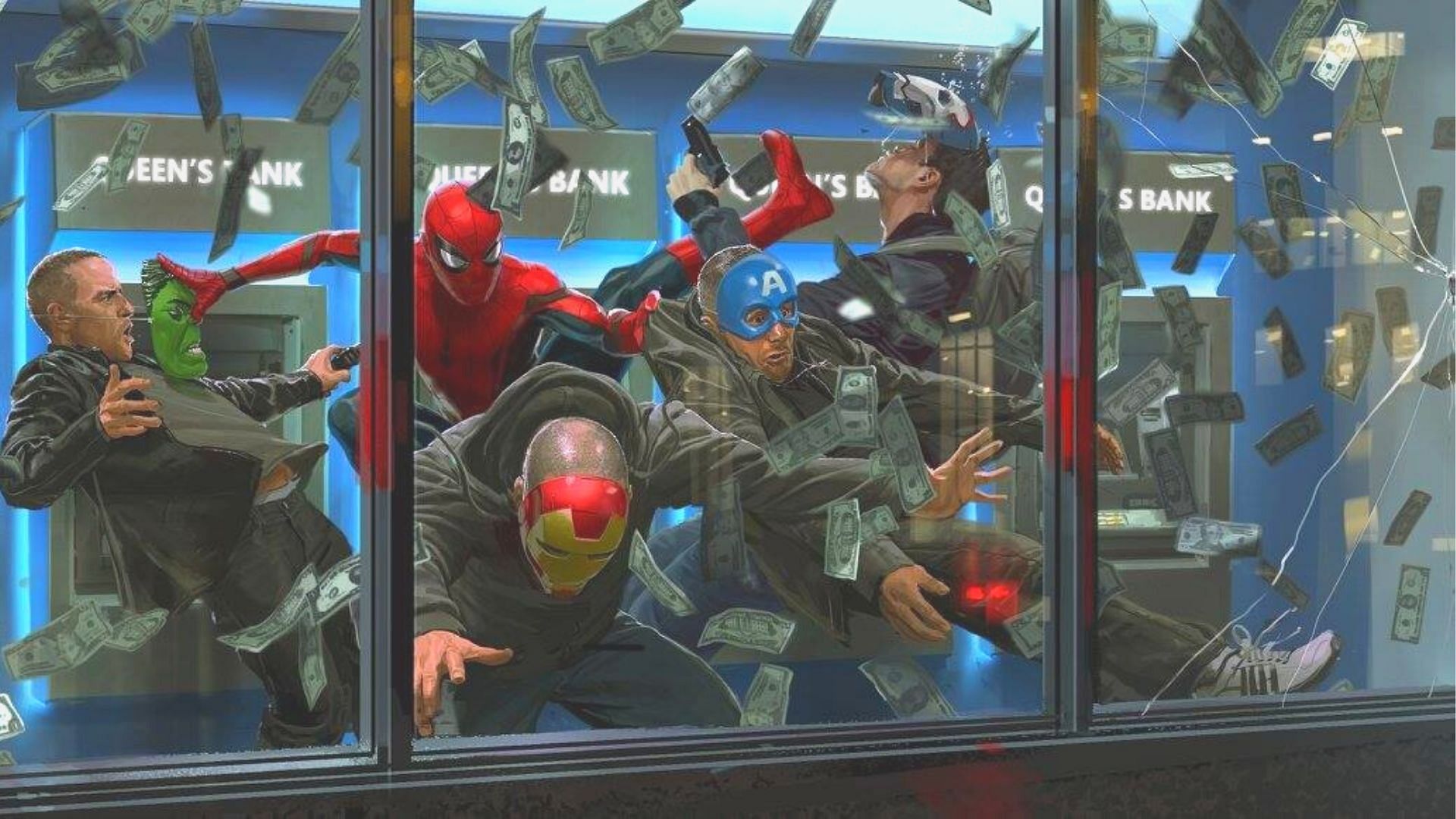 Spider-Man stopping bank robbers in concept art for Spider-Man: Homecoming (Image Credit: Ryan Meinerding/Marvel Studios)