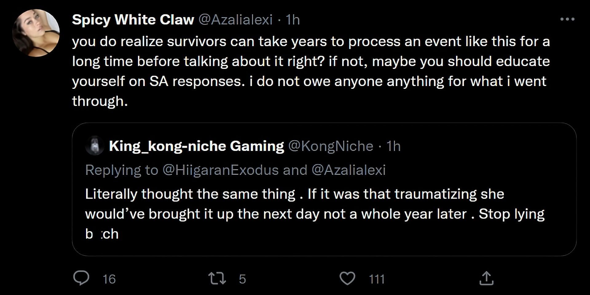 Comments doubting the veracity of the assault and her answer (Image via Twitter)