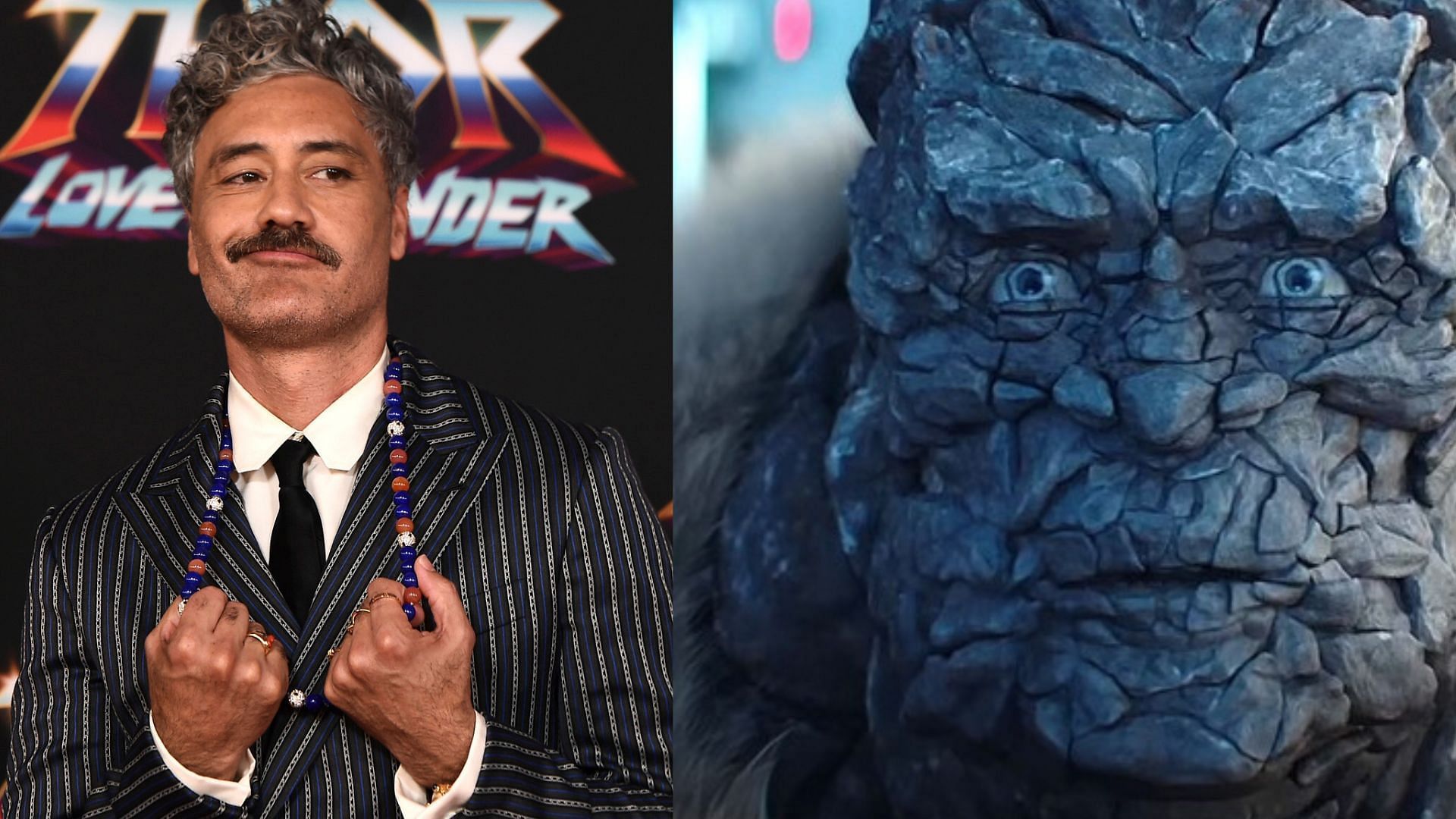 Left: Taika Waititi, director of Love and Thunder at the premiere, Right: Korg (voiced by Taika Waititi)(Image Credit: Marvel Studios)