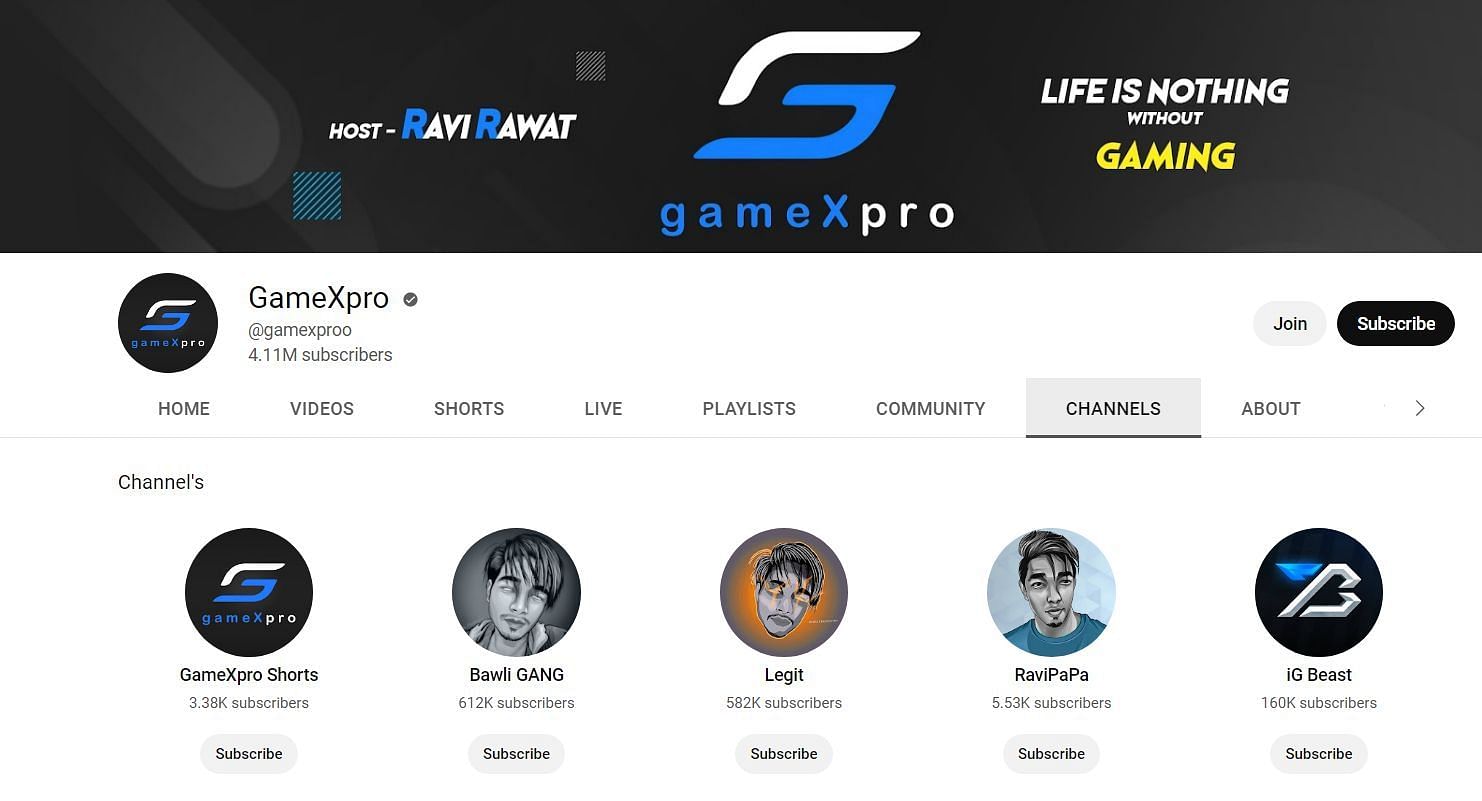 Ravi &quot;GameXpro&quot; Rawat&#039;s other YouTube channels also have decent numbers (Image via Google)