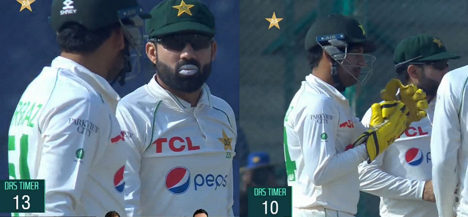 Screen grabs of Sarfaraz Ahmed and Mohammad Rizwan discussing whether to take the DRS. Pics: PCB