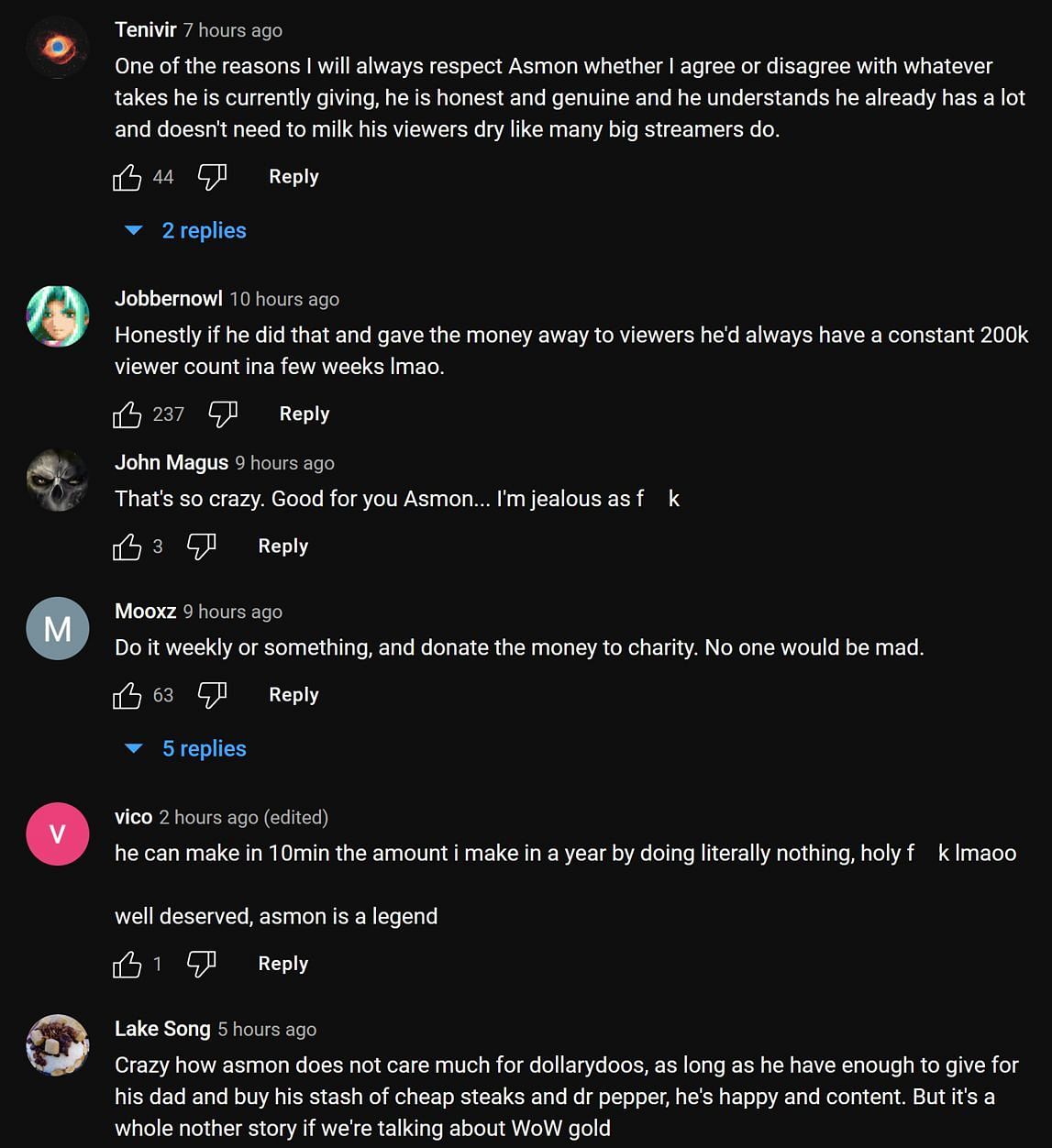 Fans in the YouTube comments section reacting to the streamer&#039;s bounty payout on Twitch (Image via Asmongold Clips/YouTube)