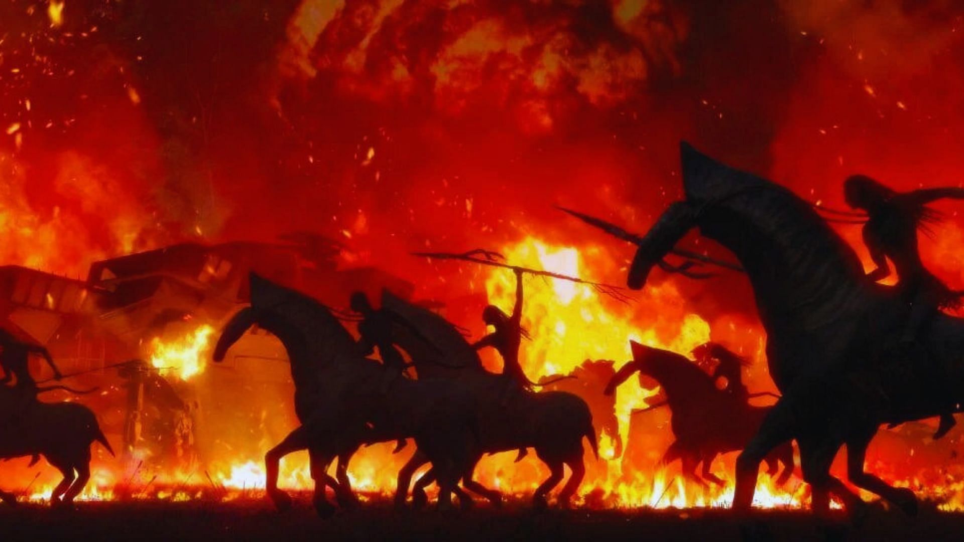 Concept art of N'avi running through flames (Image credit: 20th Century Studios)