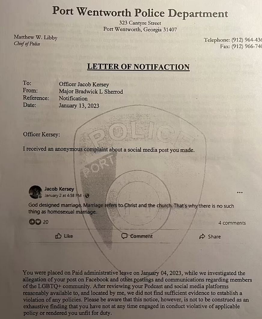Georgia police offer, Jacob was sent over a letter where he was notified that the police department had received an anonymous complaint for his Facebook post. (Image via Facebook)