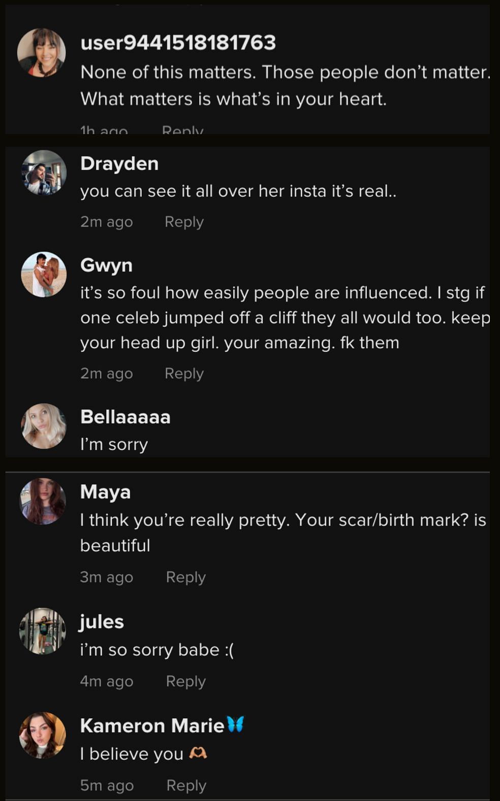 TikTokers showered their support in the comment section of the Scar Girl's video. (Image via TikTok)