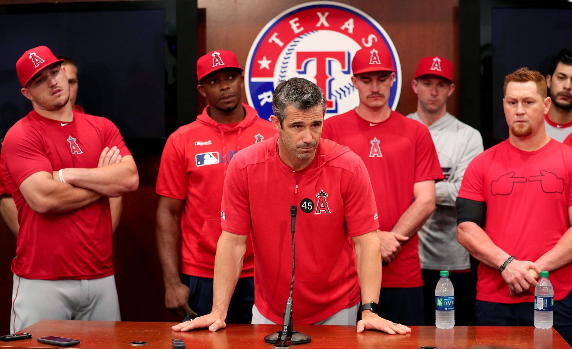 Manager Brad Ausmus of the Los Angeles Angels talks with the media during a news conference.