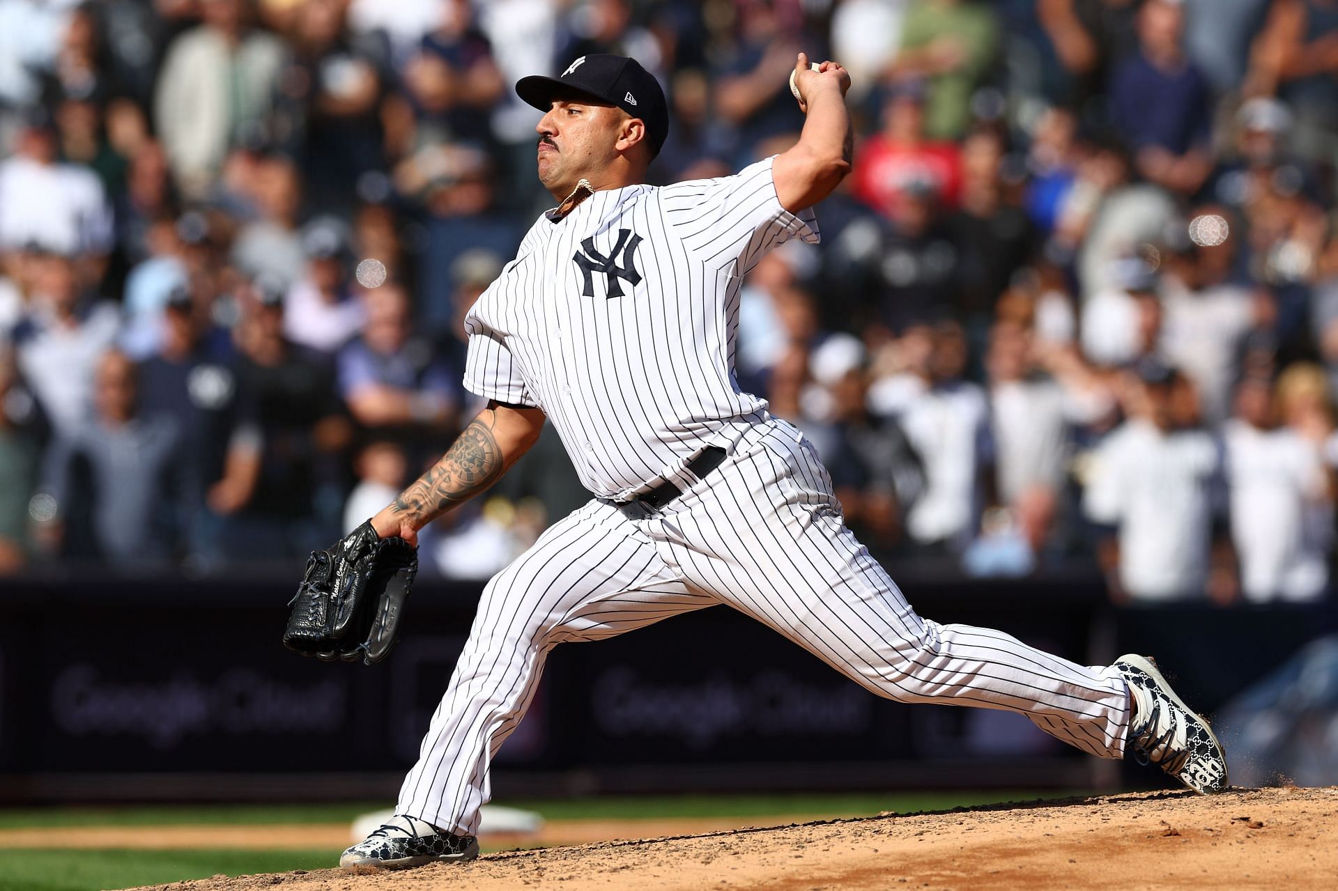 Nestor Cortes pitches against the Cleveland Guardians in game two of the ALDS at Yankee Stadium