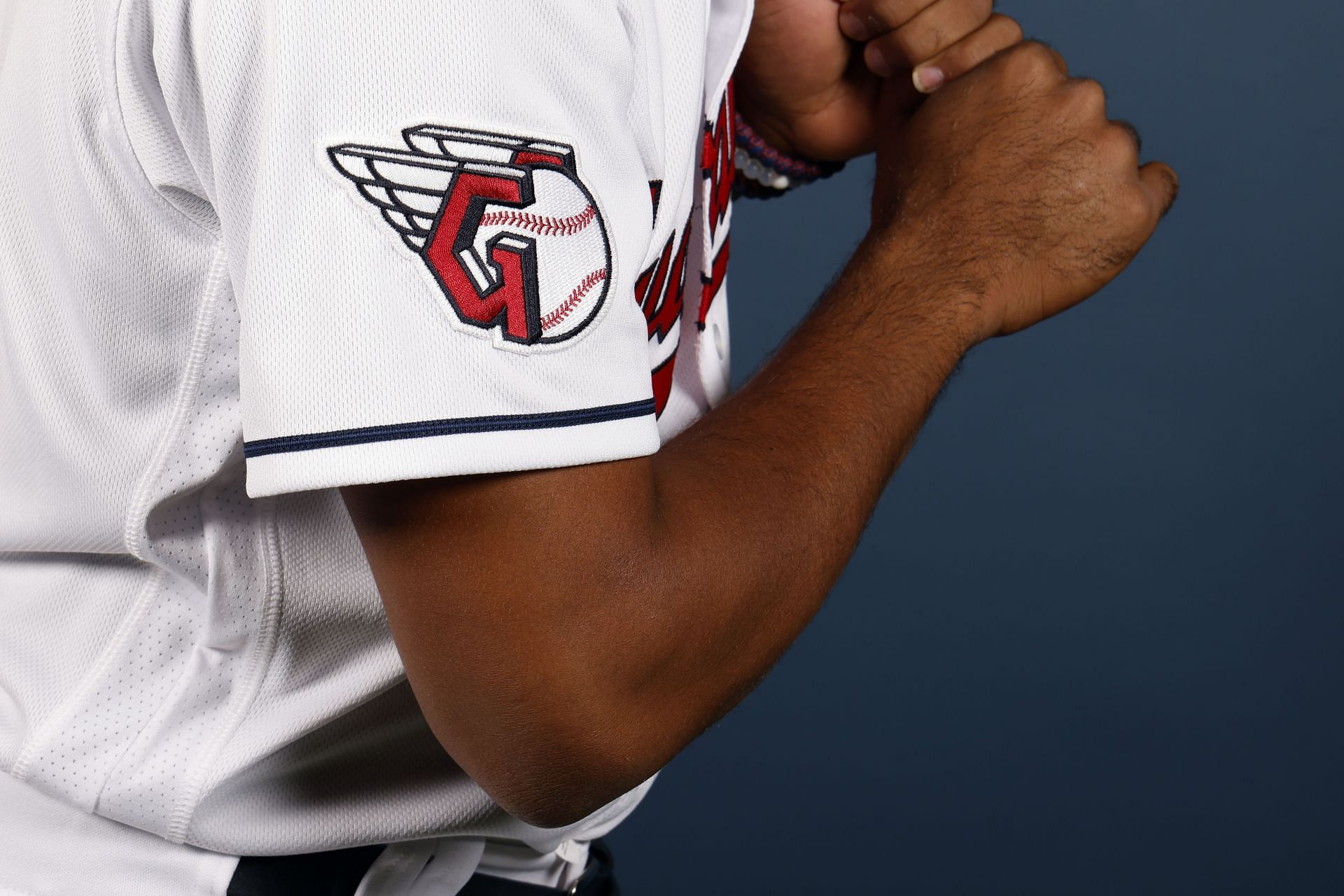 GOODYEAR, ARIZONA - MARCH 22: A detailed view of the logo on the jersey worn by Jose Tena #75 of the Cleveland Guardians poses during Photo Day at Goodyear Ballpark on March 22, 2022, in Goodyear, Arizona. (Photo by Chris Coduto/Getty Images)