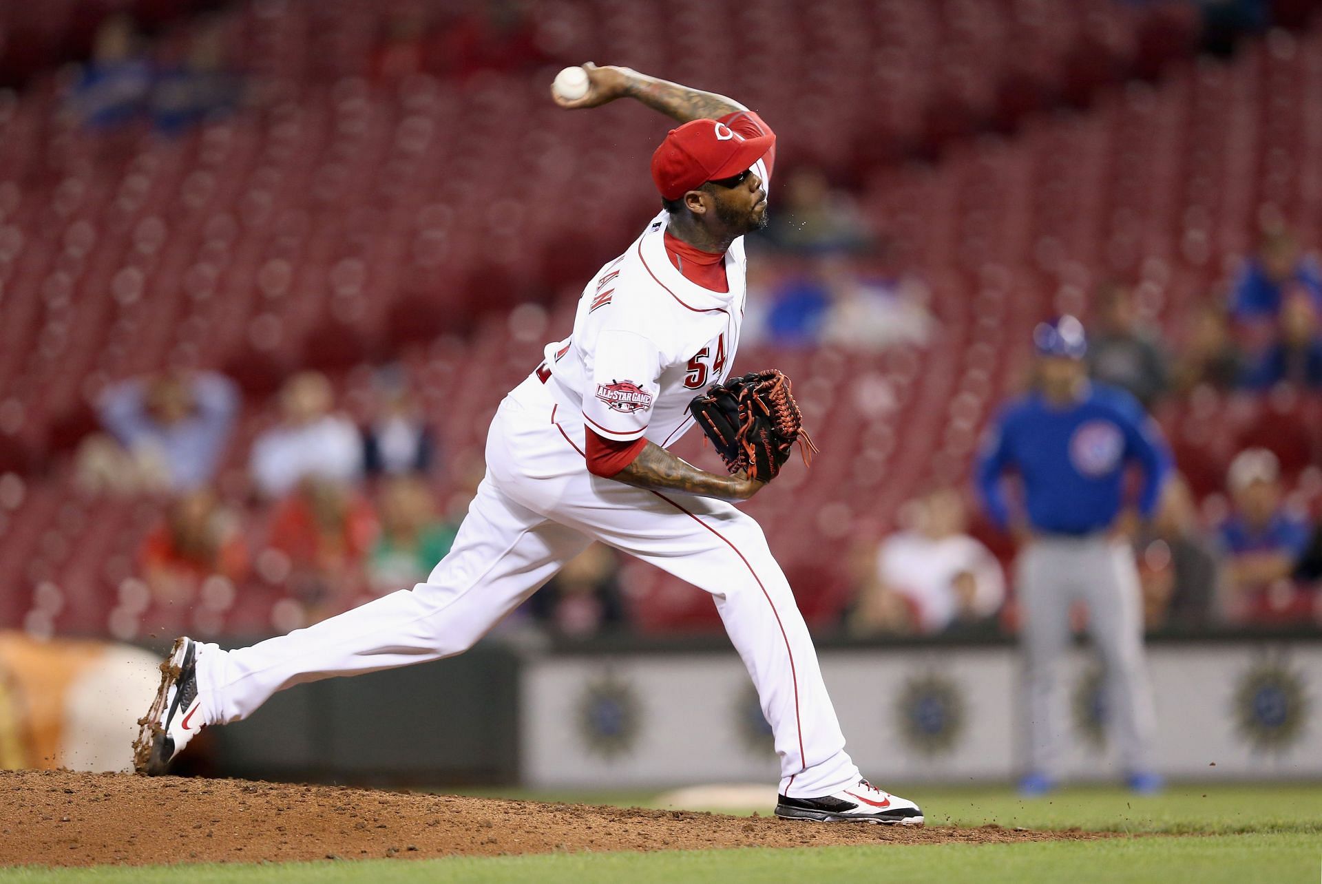 Aroldis Chapman #54 of the Cincinnati Reds throws a pitch during the game against the Chicago Cubs