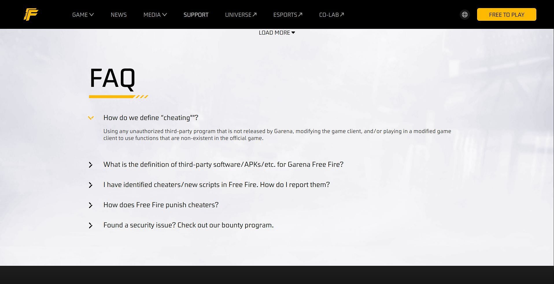 The FAQ section on the official FF MAX website (Image by Garena)