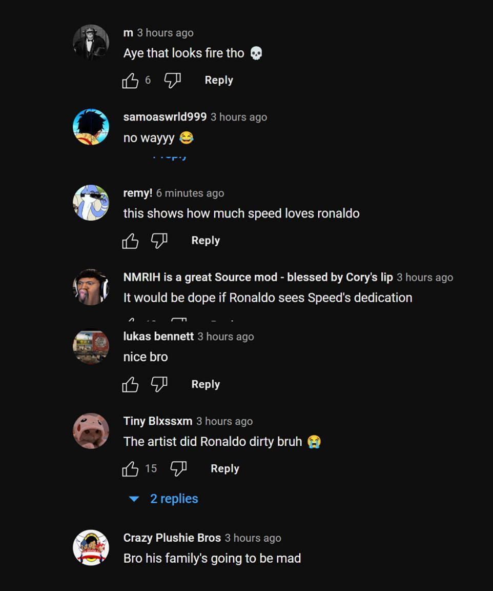 Los fanáticos en la sección de comentarios de YouTube reaccionan al nuevo tatuaje de Ronaldo del transmisor (Imagen a través de Speedy Boykins/YouTube)