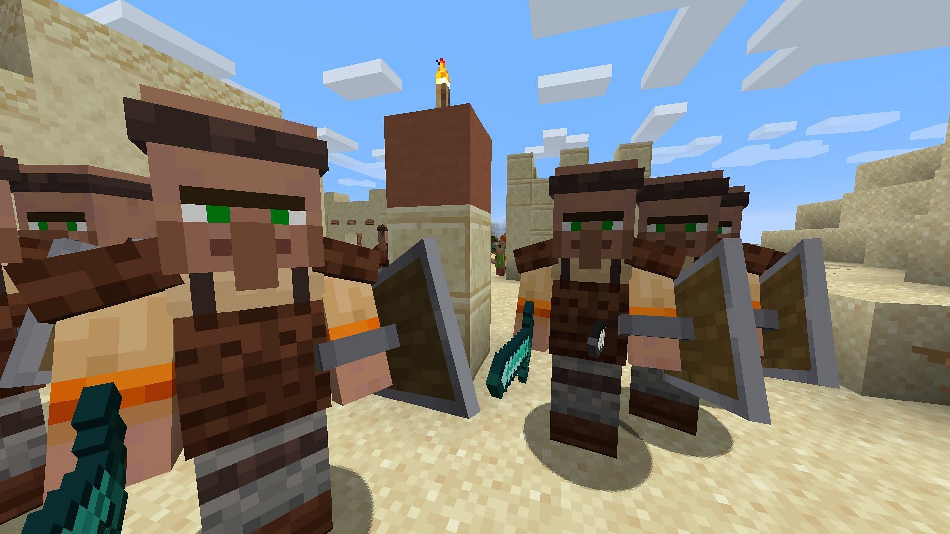 Guardias del desierto listos para la batalla en el mod Guard Villagers para Minecraft (Imagen a través de almightytallestred/CurseForge)